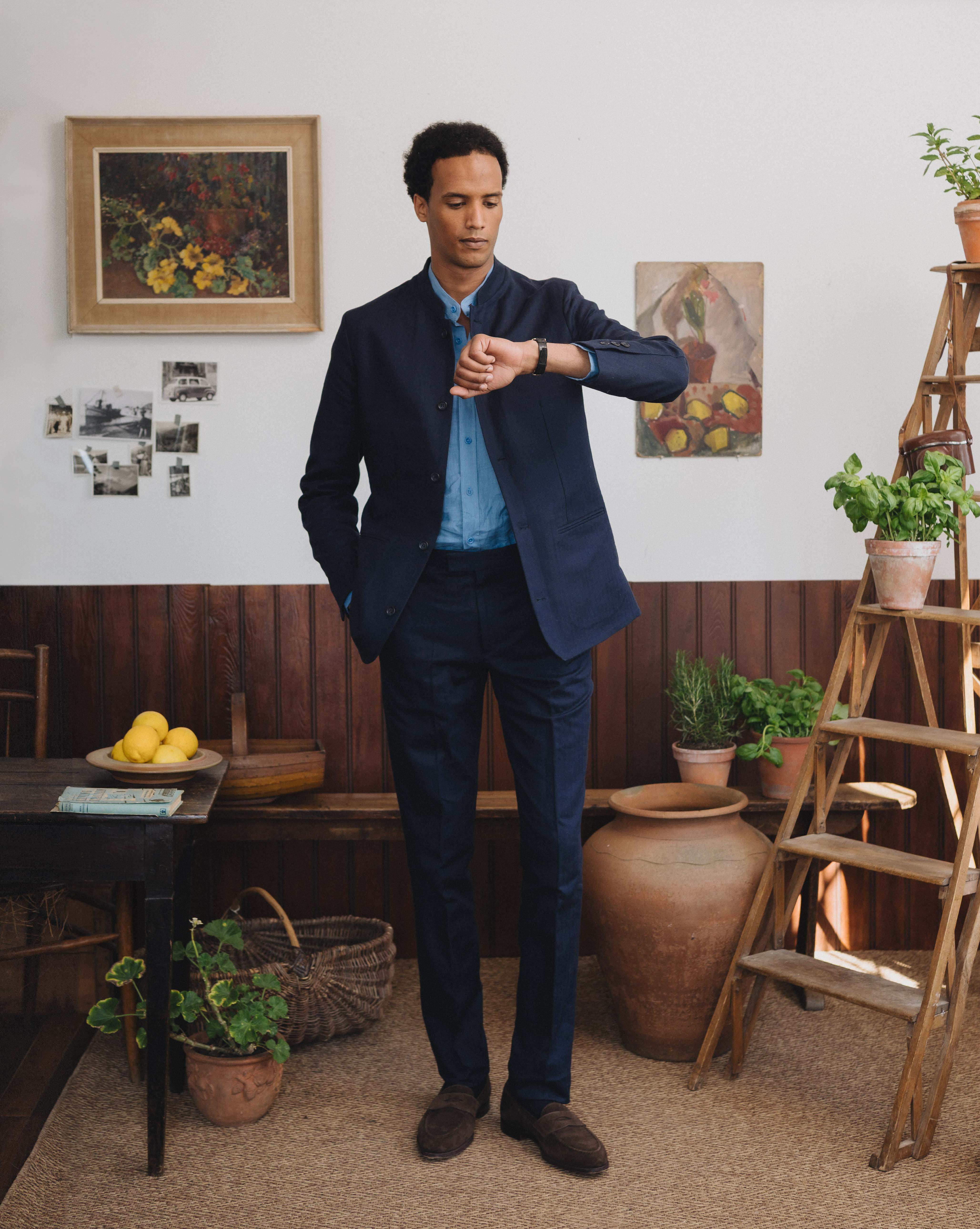 Premium Navy Herringbone Cotton Linen Nehru Jacket for Men - Stylish Formal Blazer with Mandarin Collar - Perfect for Weddings, Business Meetings & Special Occasions