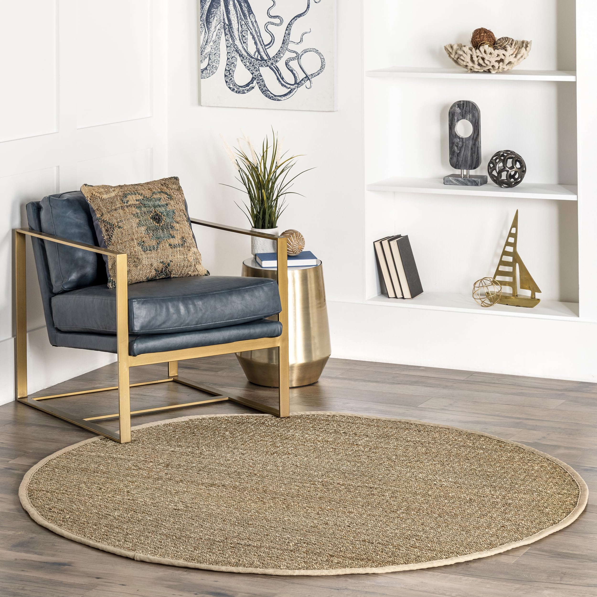 nuLOOM 8' Round Elijah Seagrass Area Rug - Beige Farmhouse Basketweave with Cotton Border | Natural Fiber Handwoven Rug for Bedroom, Living Room, Dining Room, Office, Hallway | Boho Chic Home Decor for Cozy Spaces & Entryways