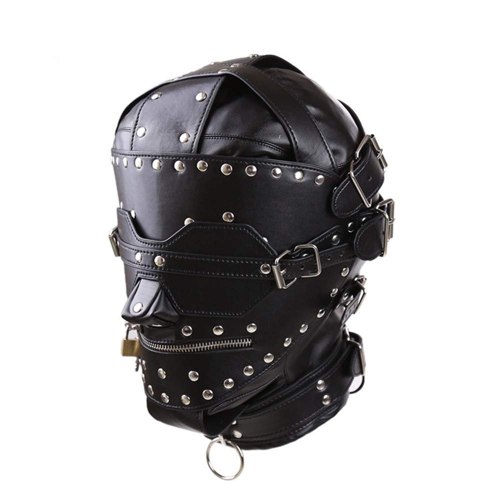 Unisex Black Leather Halloween Mask with Lock - Perfect for Costume Parties, BDSM Events, and Role-Playing Games