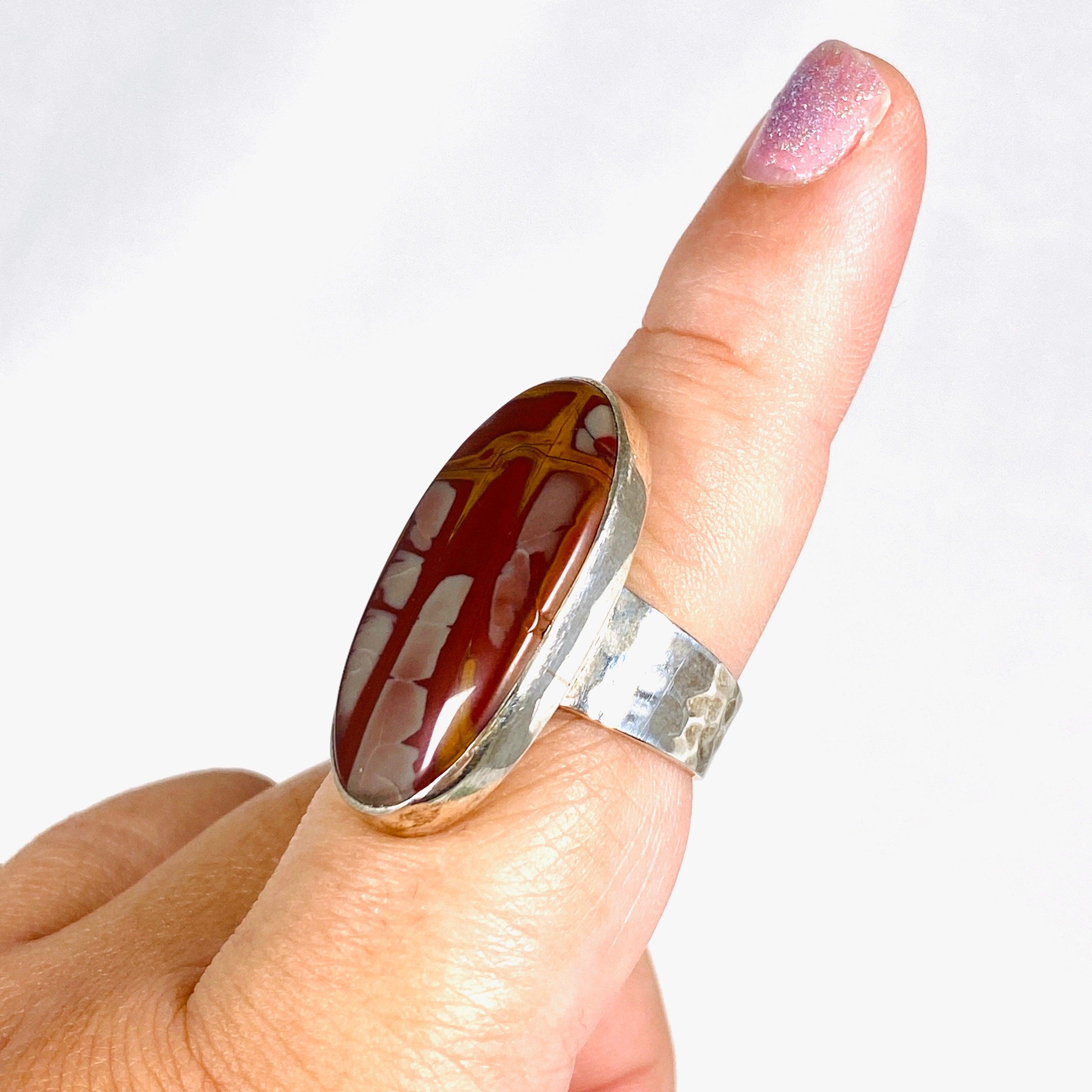 Pilbara Noreena Jasper Oval Hammered Band Ring - Size 9 - KRGJ2219 - Handmade Boho Jewelry for Women - Perfect for Everyday Wear & Special Occasions
