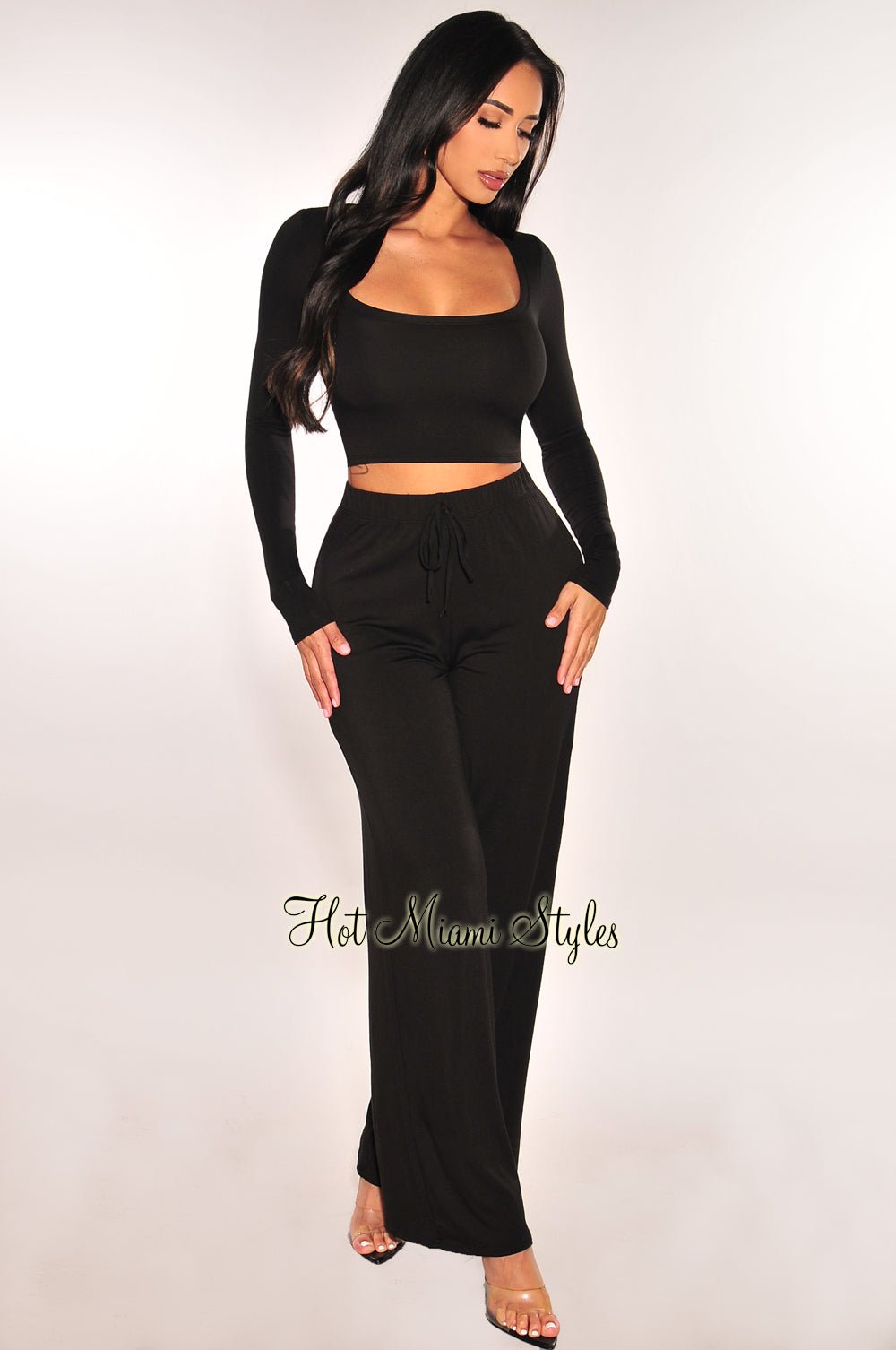 Stylish Black Round Neck Long Sleeve Top with High Waist Wide Leg Pants Set - Women's Casual Outfit for Work, Date Night & Fall Fashion