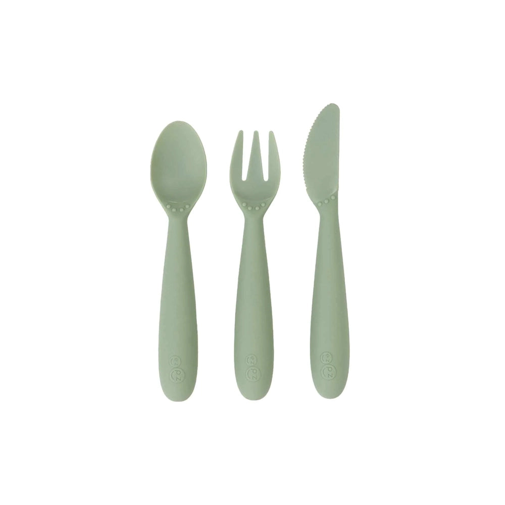 EzPz Happy Utensils - Sage Green Baby Feeding Set | BPA-Free Toddler Spoons & Forks | Perfect for First Foods, Self-Feeding & Travel
