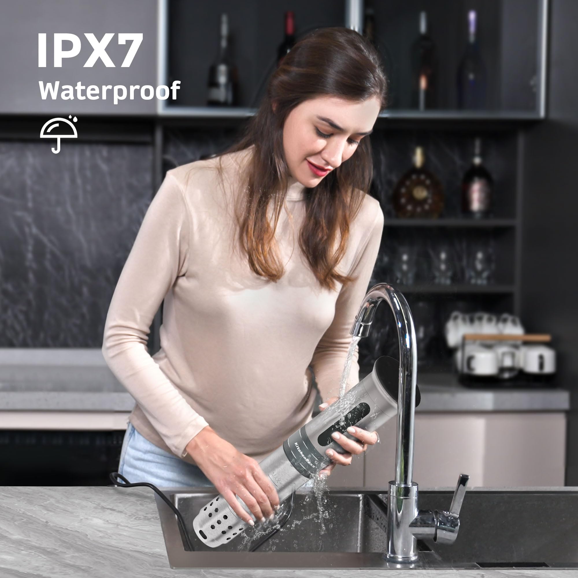 KitchenBoss 1100W WiFi Sous Vide Precision Cooker - Ultra Quiet Immersion Circulator with APP Control, IPX7 Waterproof, Digital Temperature Display (Silver) | Perfect for Steak, Chicken, Fish & Home Cooking