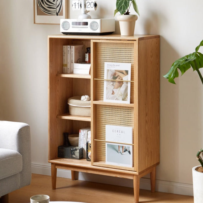 Solid Oak Wood Sliding Door Storage Cabinet with LED Lights - Modern Sideboard for Living Room, Bedroom & Entryway Organization