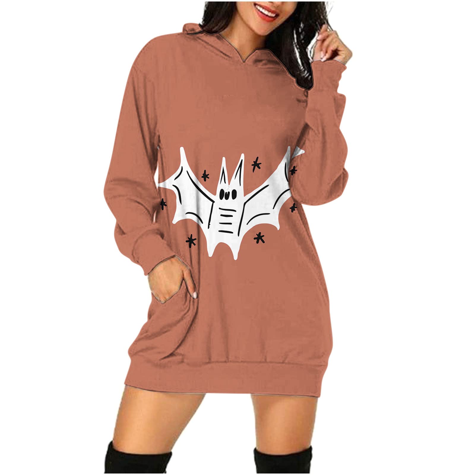 Sinzelimin Women's Hooded Tunic Dress - Halloween Printed Long Sleeve Loose Fit Pullover with Pockets | Casual Mini Dress for Fall, Party Wear & Everyday Outfits