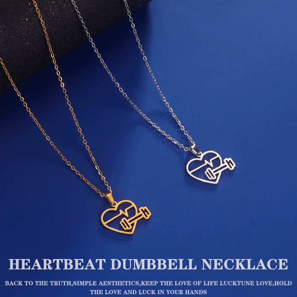 Lucktune Heartbeat Dumbbell Pendant Necklace - Stainless Steel Heart Shaped Fitness Jewelry for Women & Men - Perfect for Workouts, Gym, Valentine's Gift & Everyday Fashion Accessory