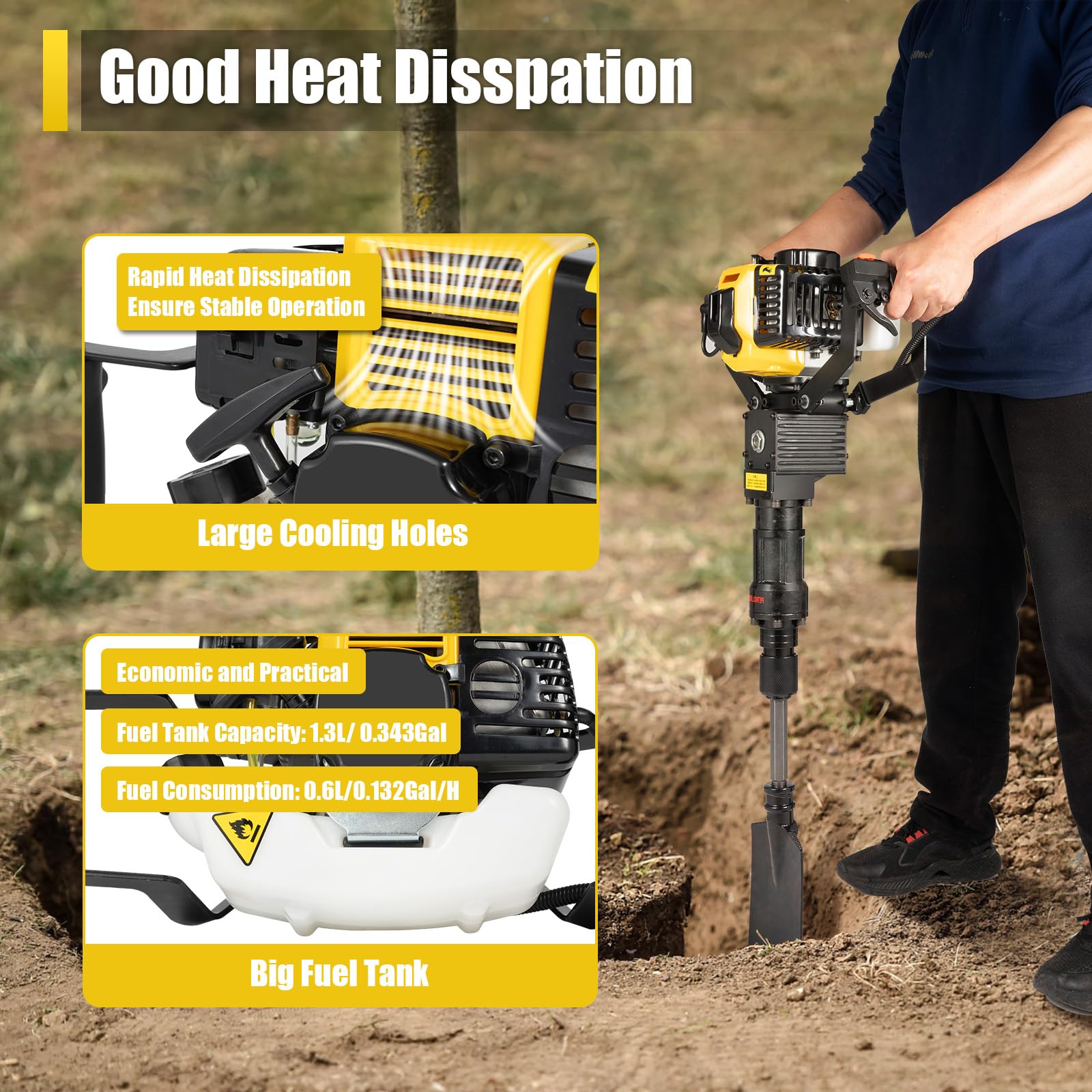 52cc 2-Stroke Gas Powered Handheld Planting Shovel Drill - Portable Single Cylinder Garden Tree Digger & Excavator for Farm, Home & Landscaping | Ideal for Digging Holes, Planting Trees & Garden Maintenance