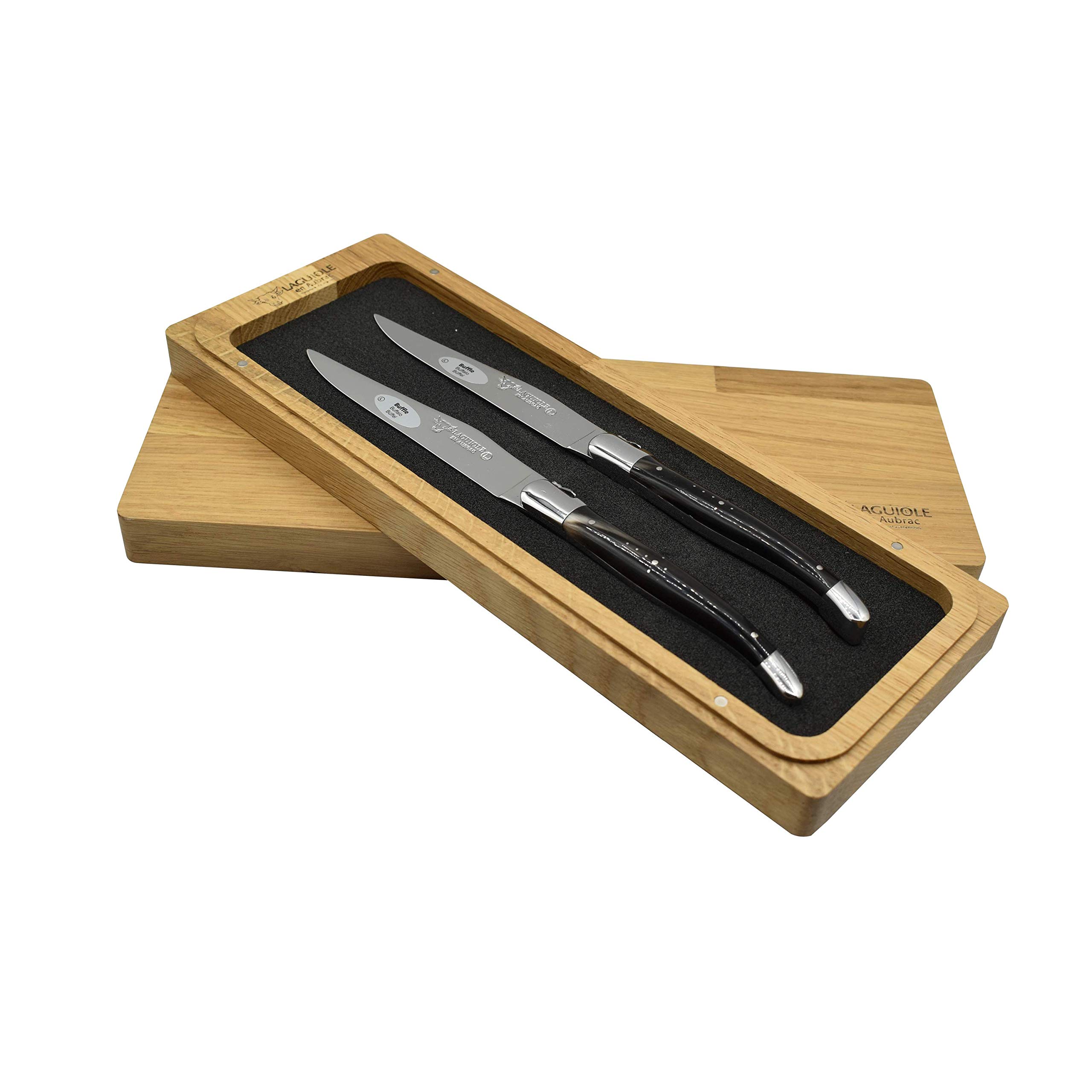 Laguiole en Aubrac Luxury Forged Full Tang Stainless Steel Steak Knives Set - 2 Piece with Buffalo Horn Handle & Polished Bolsters - Perfect for Fine Dining, Steakhouse Experience & Gourmet Gift Giving