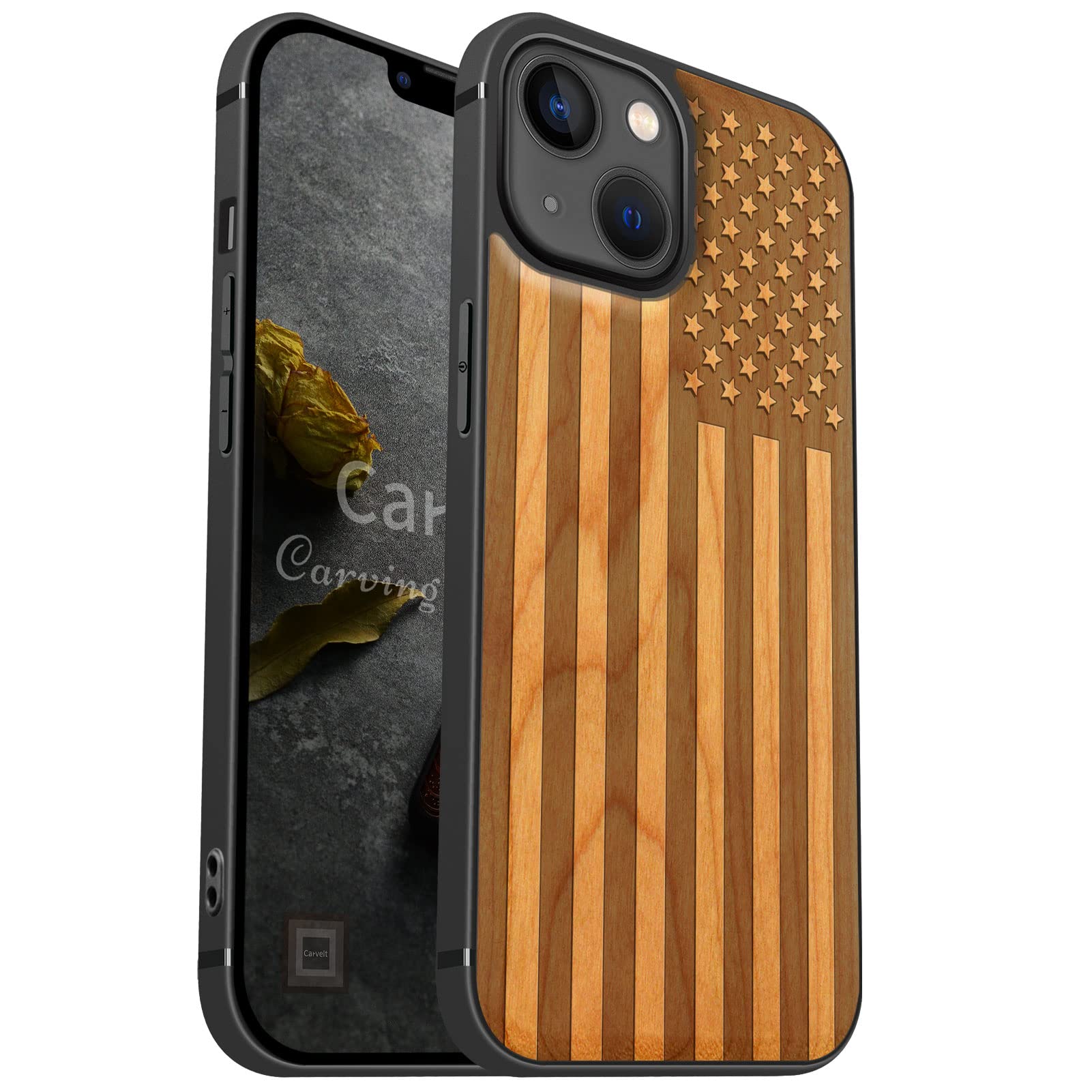 Carveit Magnetic Wooden iPhone 13 Case - Hard Real Wood & Soft TPU Hybrid Shockproof Cover with MagSafe Compatibility (American Flag-Cherry Design) | Protective Wood Phone Case for Everyday Use, Travel & Office