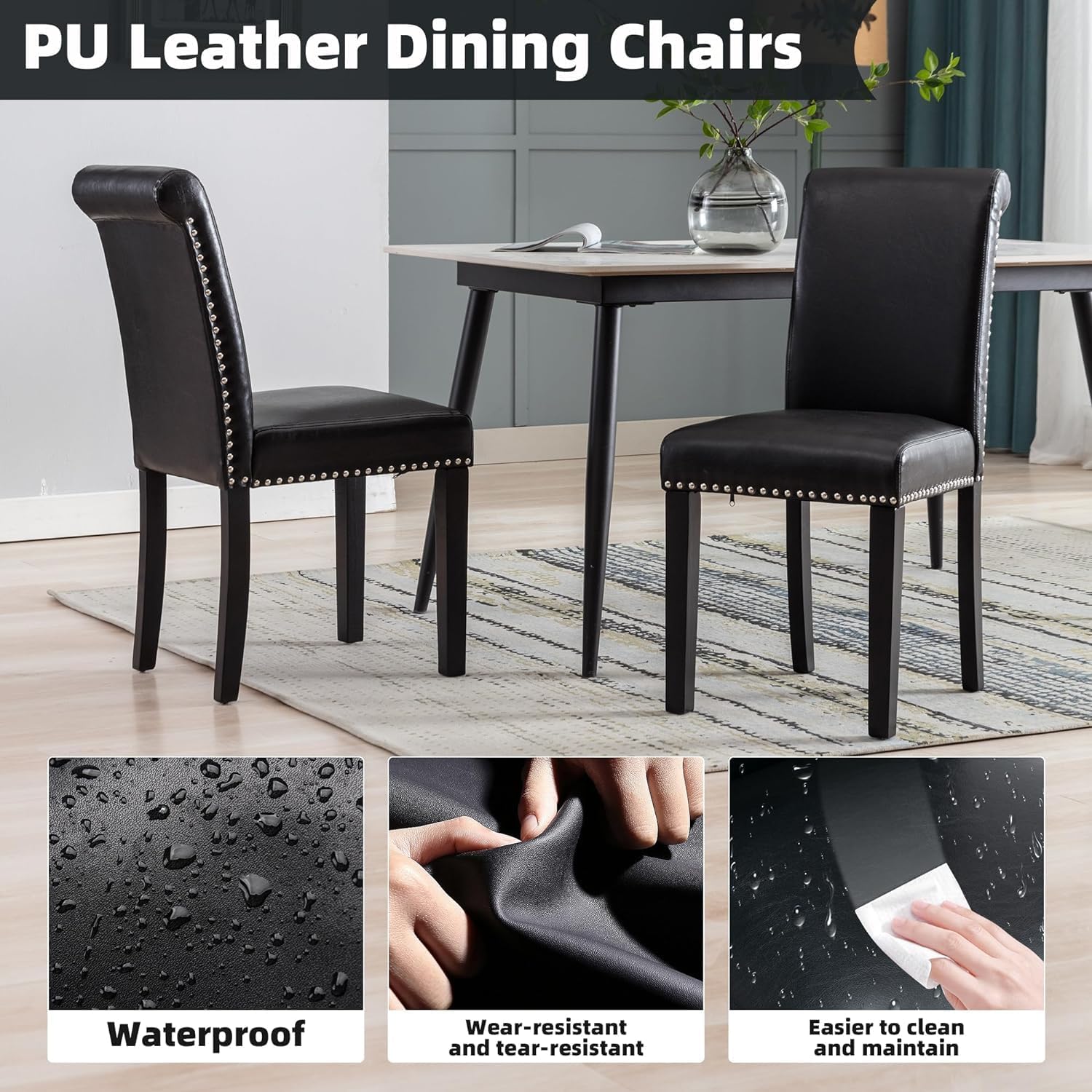 Westice 8-Piece Upholstered PU Leather Dining Chair Set with Nailhead Trim & Rubber Wood Legs - Modern Kitchen & Dining Room Chairs for Small Spaces, Apartment, Restaurant - Black (Perfect for Home Dining, Kitchen Island, Breakfast Nook & Compact Living Spaces)