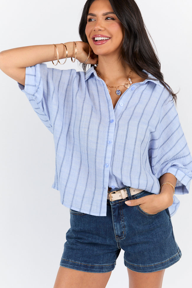 Blue Oversized Striped Gauze Button Down Shirt for Women - Lightweight & Breathable Summer Top - Perfect for Beach, Vacation, and Casual Outings