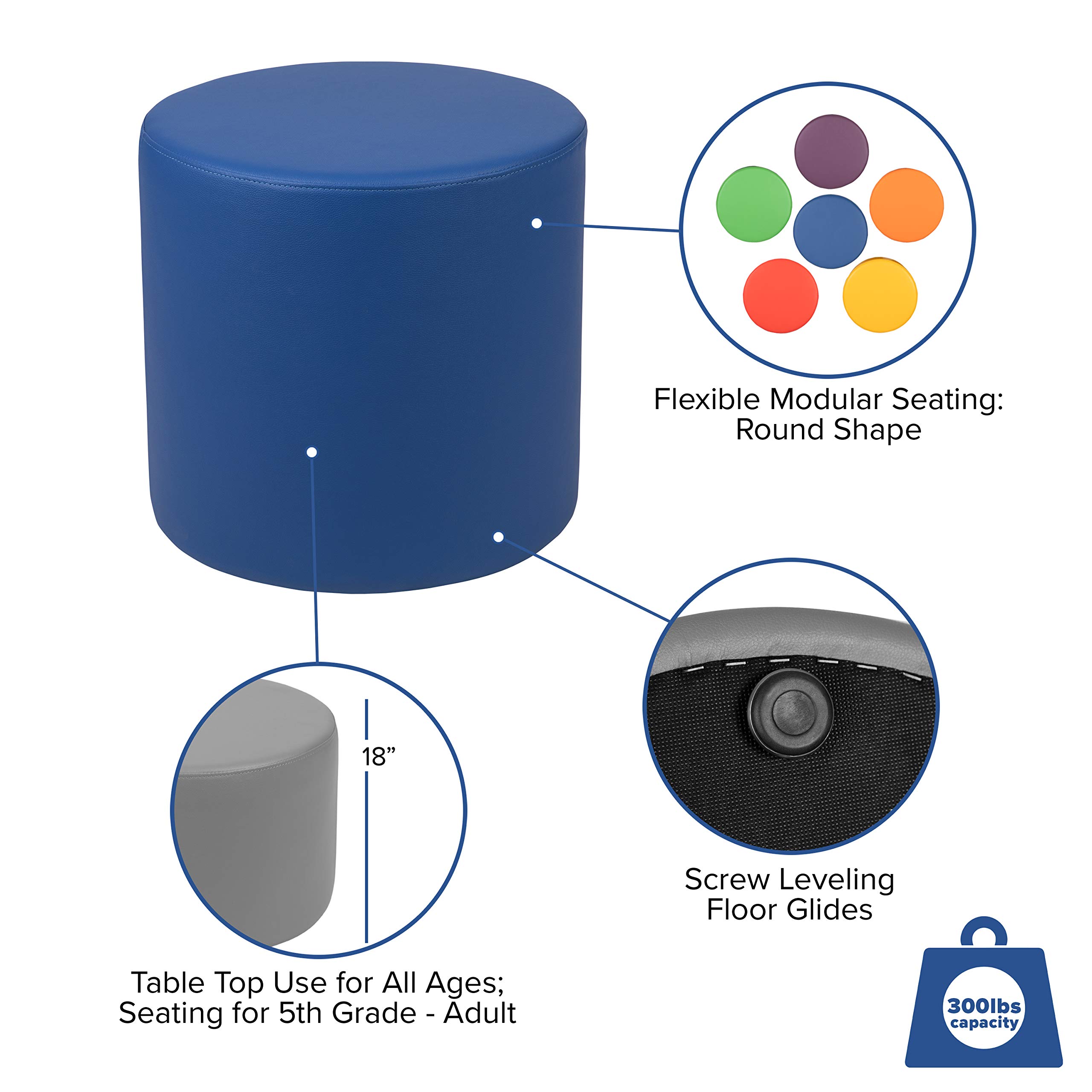 EMMA + OLIVER 18 Inch Soft Seating Flexible Circle - Comfortable Round Floor Cushion for Classrooms, Playrooms, Daycares and Common Areas - Blue