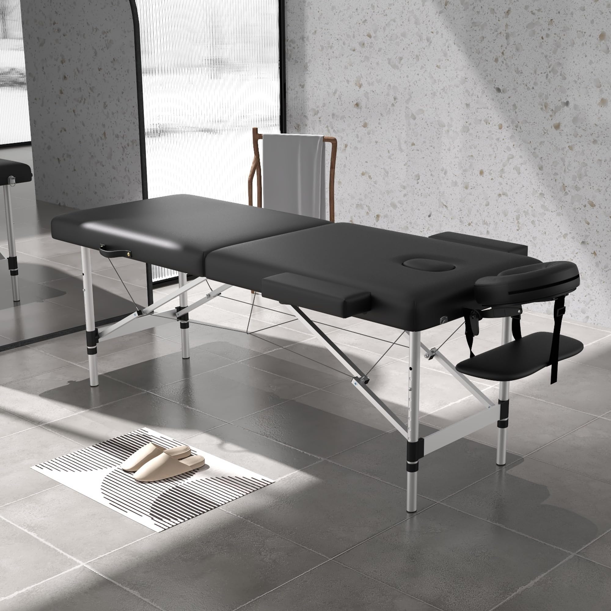Portable 2-Section Foldable Massage Table - Adjustable Height Spa & Tattoo Bed with Face Cradle | Lightweight Aluminum Frame Salon Bed for Home, Facial & Lash Treatments | Perfect for Professional Therapists & Home Spa Use