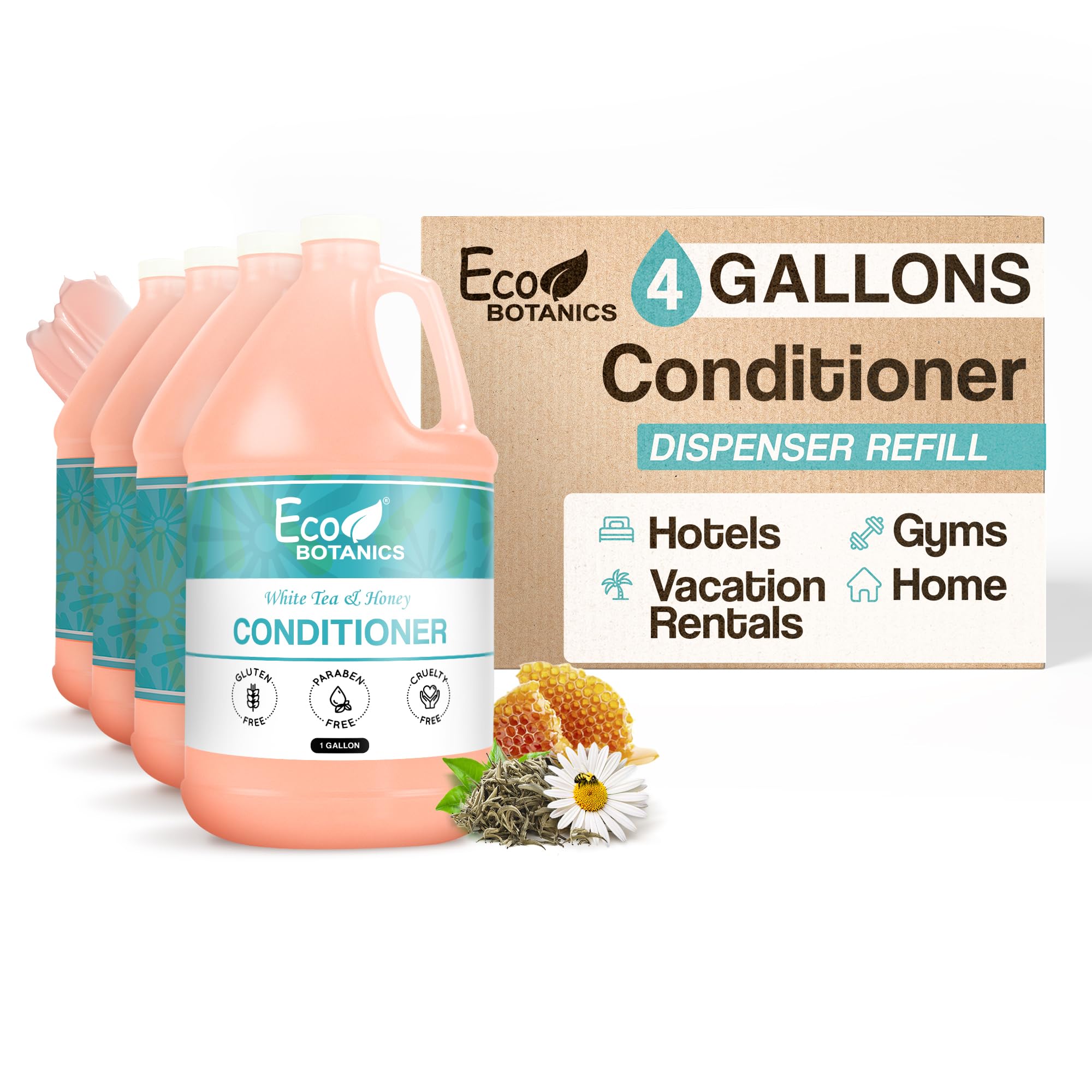 Terra Pure Eco Botanics Natural Conditioner with Raw Honey & White Tea - 1 Gallon Bulk Refill for Soap Dispensers | Set of 4 | Ideal for Airbnb, Vacation Rentals, Home Bathroom & Salon Use | Sulfate-Free, Vegan Hair Care Solution