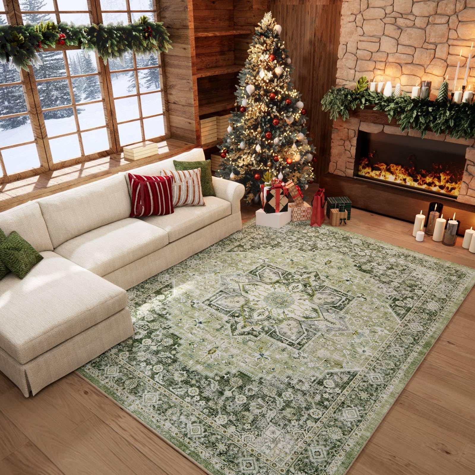 4×6 Machine Washable Boho Vintage Area Rug - Ultra Soft Low Pile Distressed Accent Carpet for Living Room, Bedroom, Bathroom, Dining Room & Entryway | Floral Green Design | Perfect for Bohemian Decor & Cozy Home Spaces