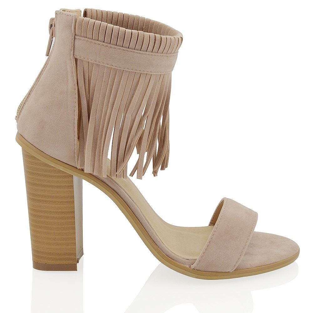 Women's Chunky Heel Ankle Strap Shoes with Fringe - Faux Suede High Heels for Party, Night Out & Special Occasions