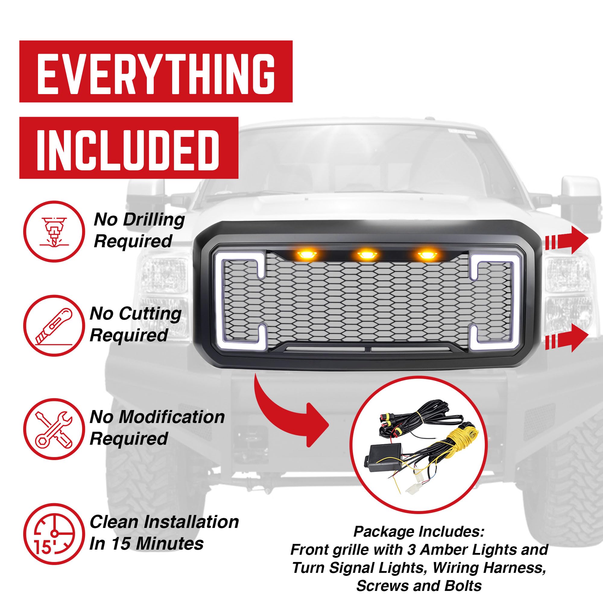 **2011-2016 Ford F250 F350 F450 F550 Matte Black Raptor Front Grille with DRL & Turn Signal Lights | Off-Road & Custom Truck Upgrade**