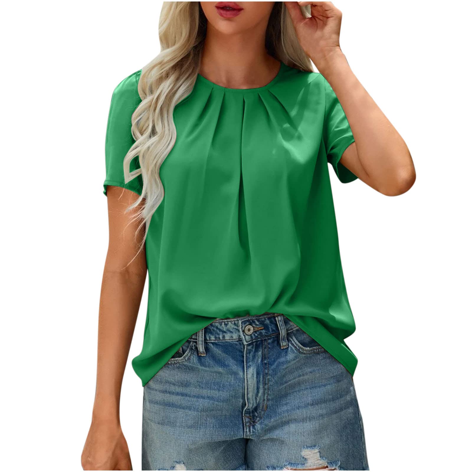 Women's Summer Short Sleeve Pleated Blouse - Solid Color Basic Tee Tops for Casual Wear, Office & Vacation Outfits