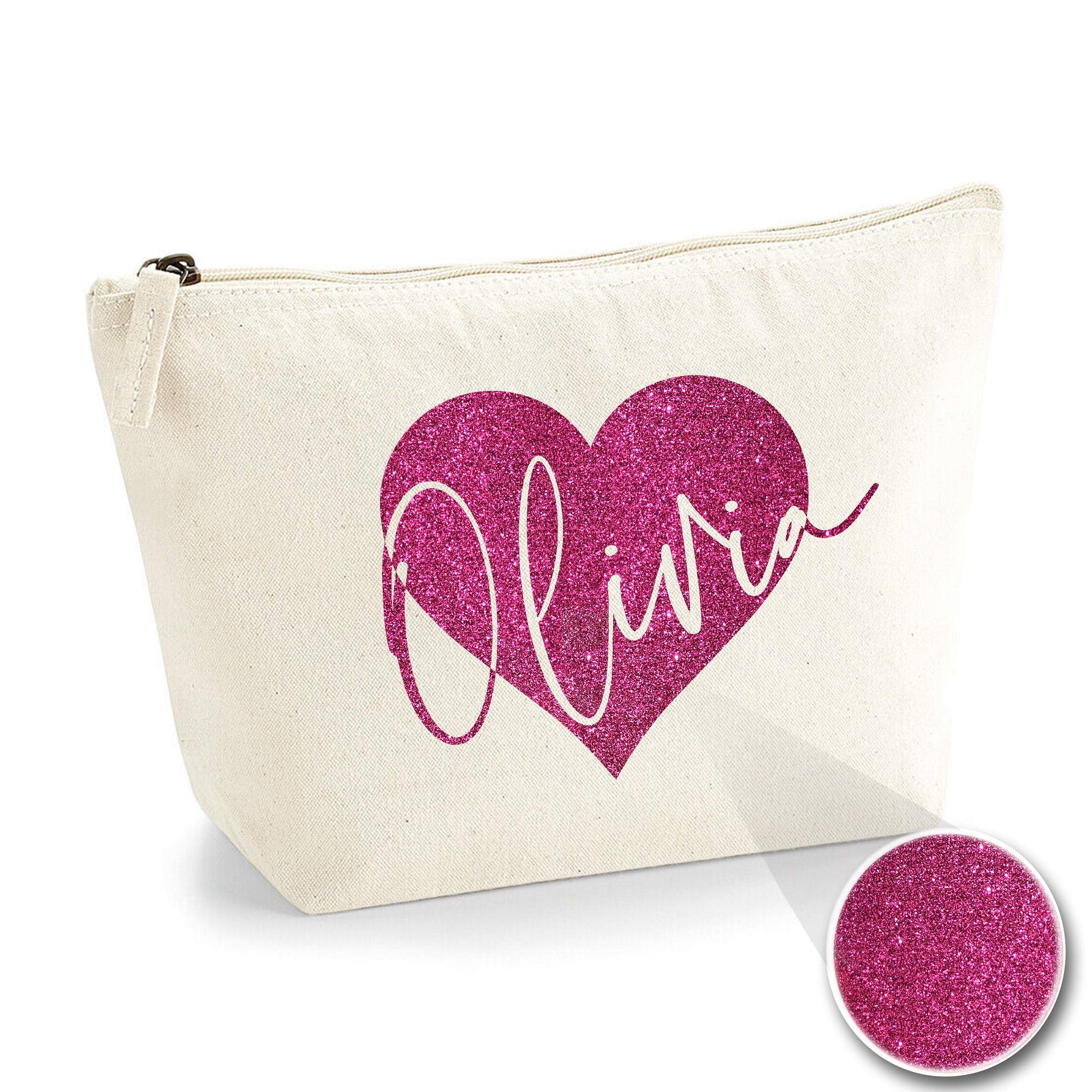 Personalized Heart Initial Makeup Bag - Multi-Purpose Cosmetic Pouch with Custom Name - Medium Size Natural Pink Glitter Organizer for Travel, Gym & Daily Essentials