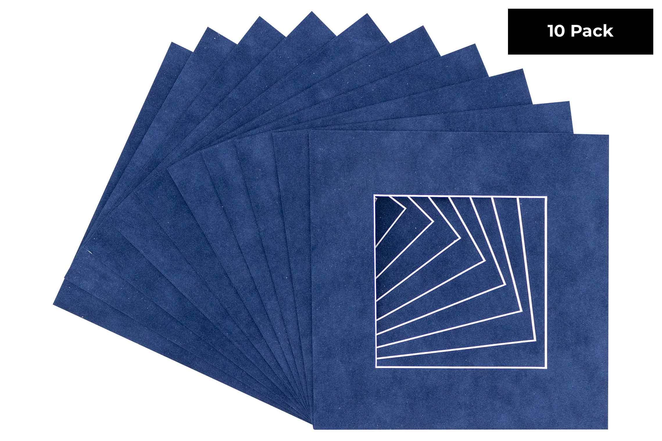 16x16 Inch Navy Suede Precut Mat Board for 12x12 Photos - Acid-Free Bevel Cut Picture Mat for Frames (Pack of 10) with Backing Boards & Clear Bags - Perfect for Displaying Art, Scrapbooking, and Photo Preservation