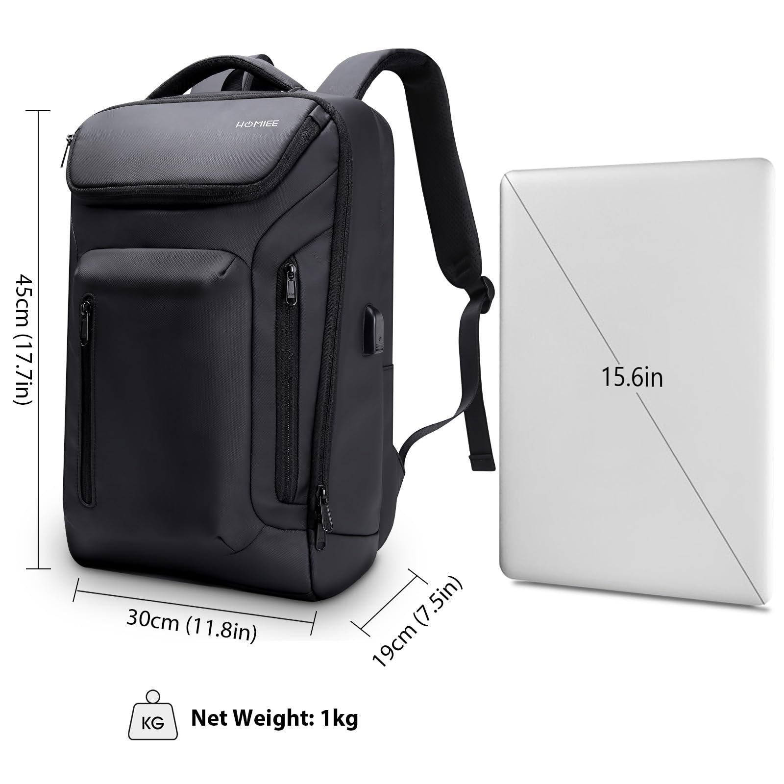 HOMIEE Business Laptop Backpack for Men - Water-Resistant 15.6 Inch Travel Backpack with USB Charging Port - Durable High-Tech Work & Commuter Backpack - Perfect for Office, College & Business Trips (Black)