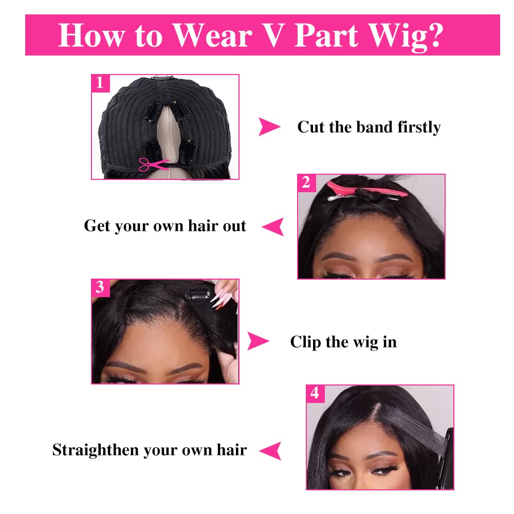 Brazilian Virgin Human Hair V Part Wig - 12 Inch Straight Glueless Half Wig for Black Women | 180% Density Natural Color | No Leave Out, Clip-In Design | Perfect for Daily Wear, Parties & Special Occasions