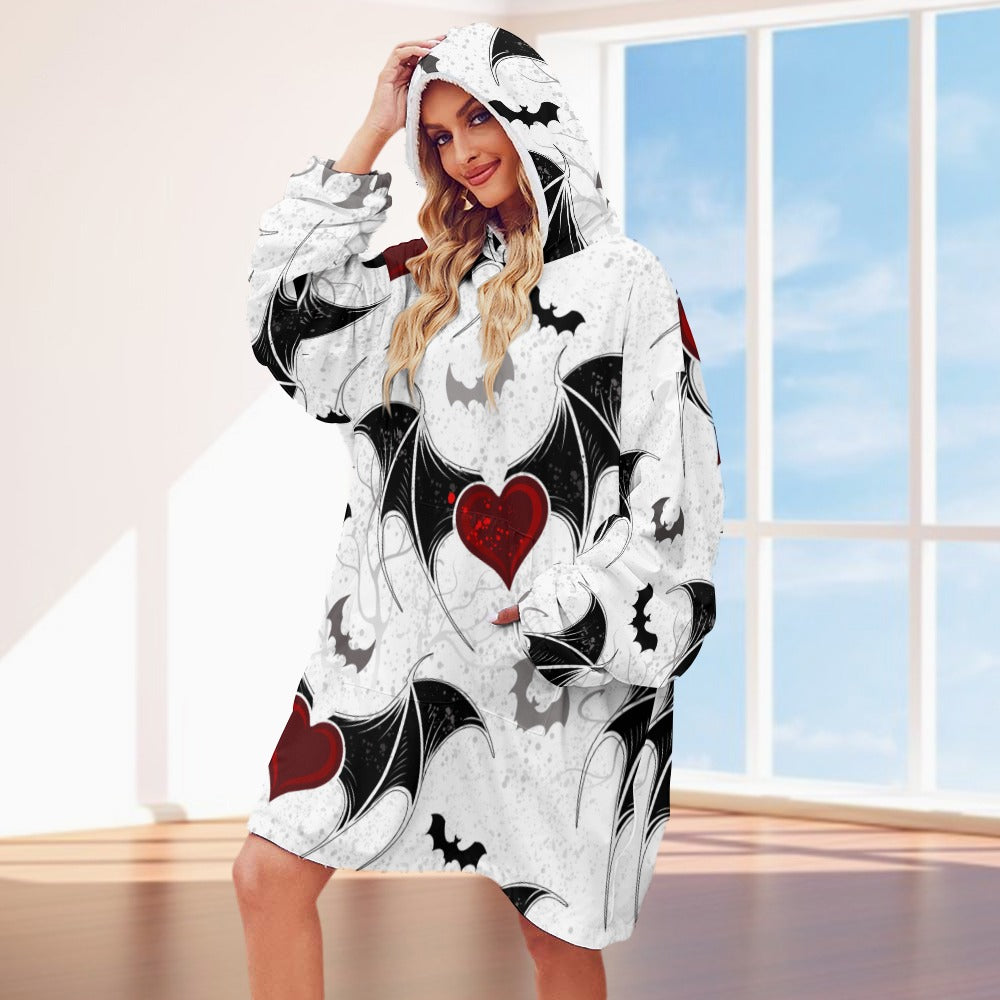 Cozy Bats & Hearts Hooded Blanket Sweater - Soft Fleece Wearable Blanket for Women & Men - Perfect for Halloween, Christmas Gifts, Movie Nights & Lounge Wear