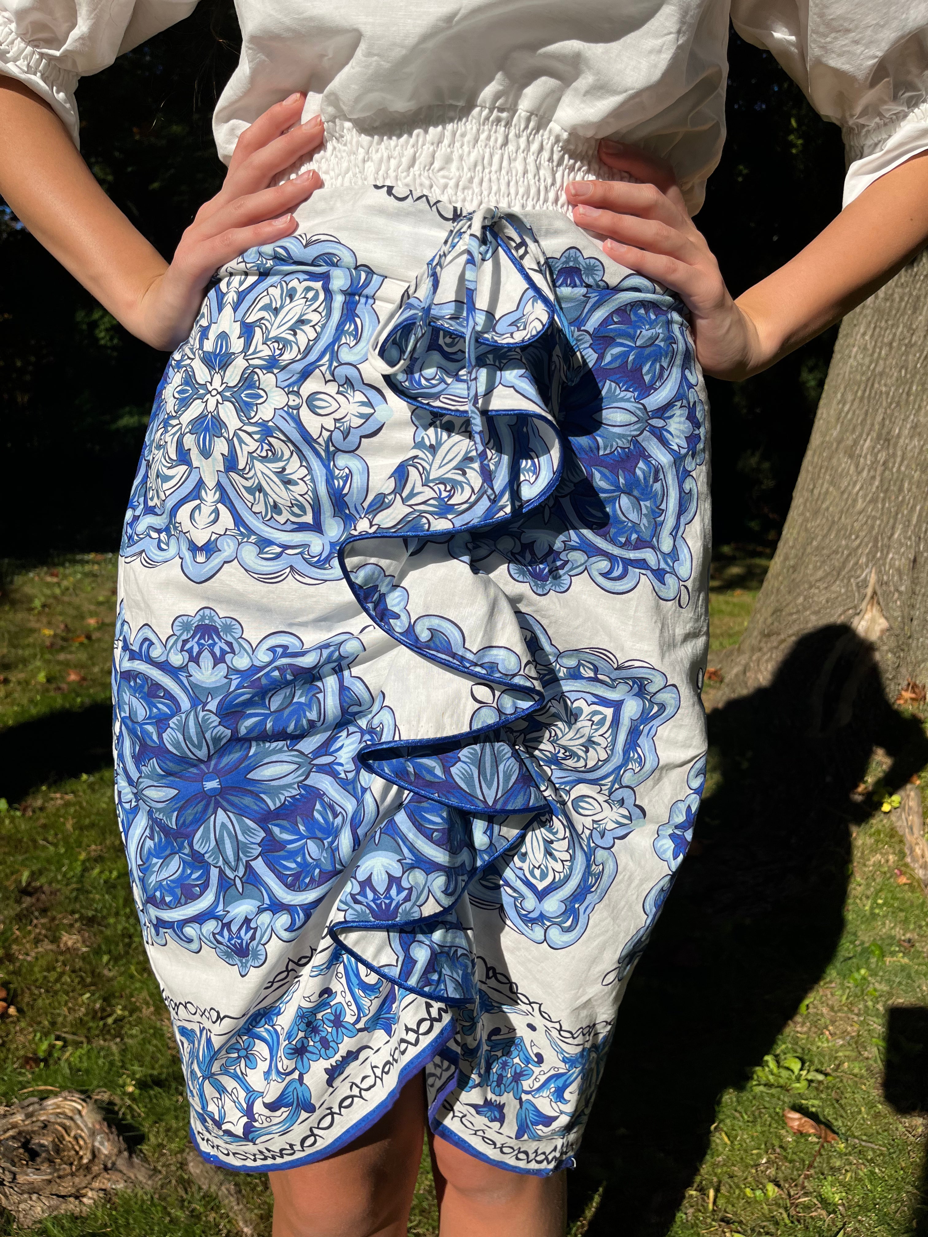 Stylish Blue and White Ruffle Skirt for Women - Summer Floral Print A-Line Skirt - Perfect for Beach, Party & Casual Outfits
