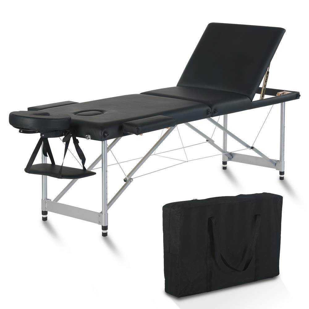 Portable Massage Bed - 84 Inch 3-Fold Adjustable Aluminum Salon Spa Table for Professional Massage & Facial Treatments | Perfect for Home, Salon & Mobile Spa Services (Black)