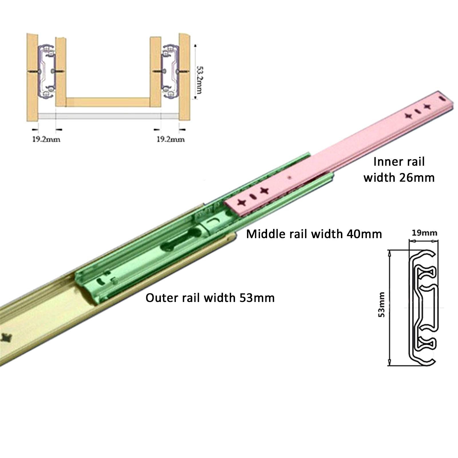 1 Pair Heavy Duty Ball Bearing Drawer Slides - 3-Section Full Extension Side Mount Runners with 120kg Load Capacity (44in/1100mm) - Perfect for Toolboxes, Industrial Cabinets, Vehicle Storage & Stair Shoe Organizers
