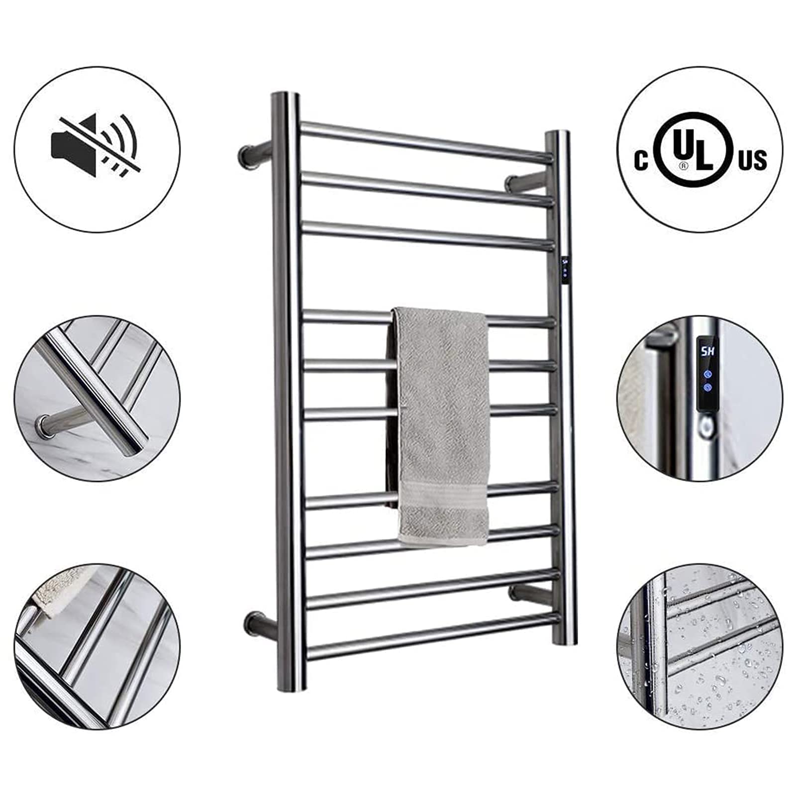 APUM Electric Towel Warmer with Built-in Timer - Wall Mounted Stainless Steel Heated Towel Rack for Bathroom (10 Bars, Polished Finish, Hardwired) - Perfect for Spa-Like Luxury & Quick Drying in Modern Homes