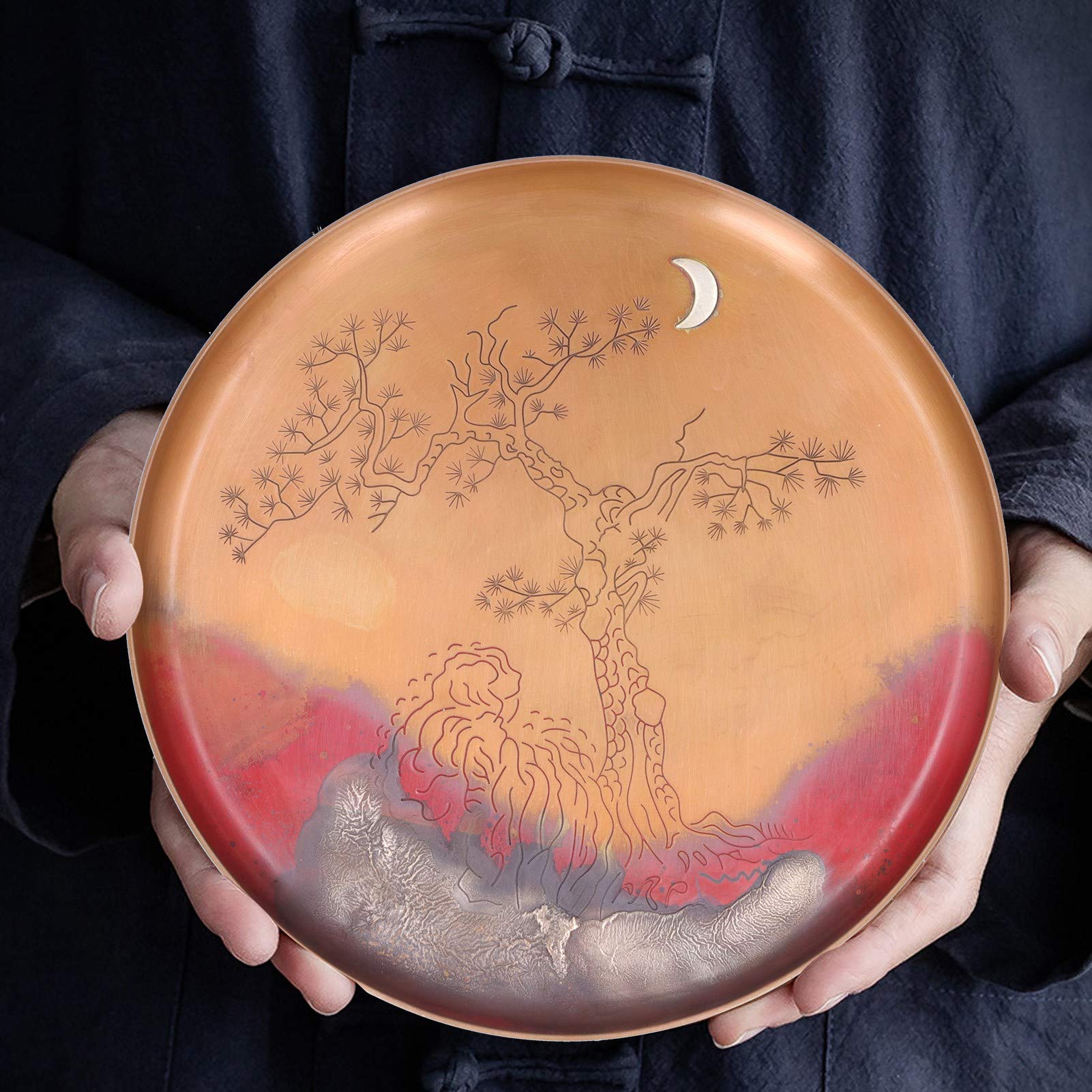 Non-Slip Round Tea Cup Holder - 19cm Chinese Red Copper Tea Plate for Home & Office - Perfect for Tea Ceremonies, Afternoon Tea, and Gifts