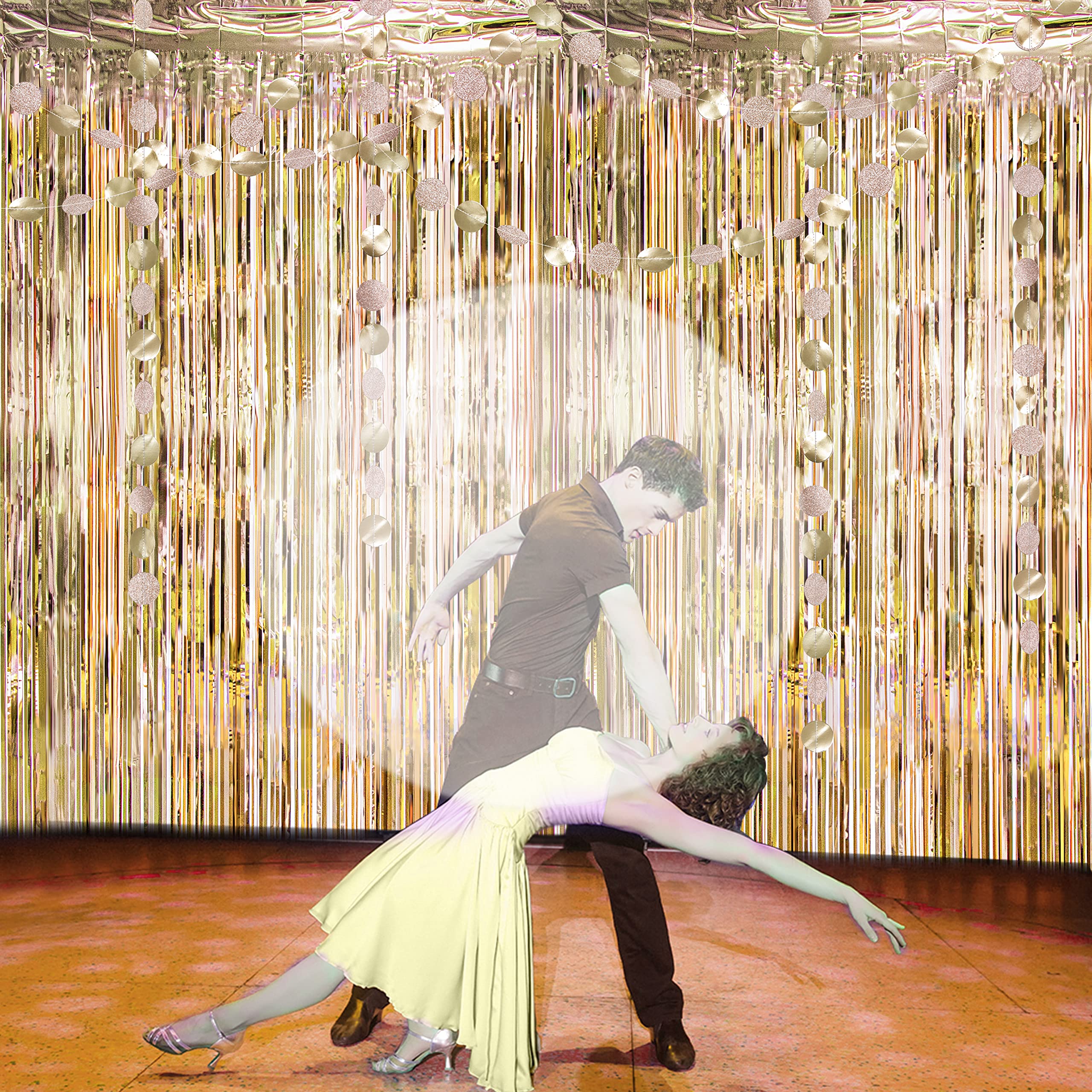 Champagne Gold Foil Tinsel Fringe Curtain Backdrop - Hanging Circle Garland for Birthday Party, Wedding, Baby Shower, Bachelorette & Graduation Decorations - Perfect for Ramadan, New Year and Holiday Party Supplies