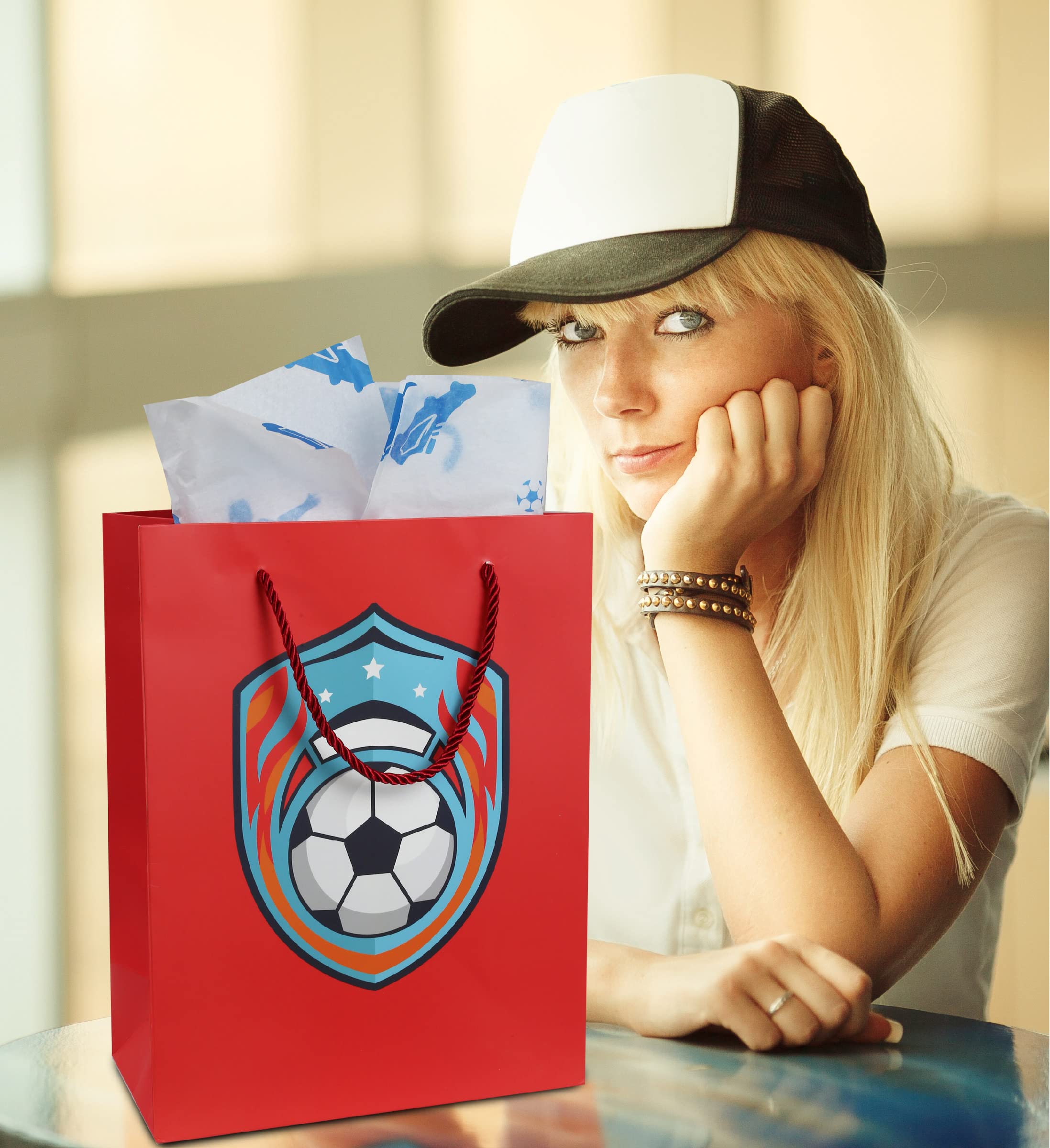 DolliBu Premium Reusable Soccer Gift Bags with Tissue Paper - 12 Pack Large Red Sports Gift Bags with Handles for Birthday Party Favors, Team Gifts & Soccer Events (13 Inch) - Perfect for Kids, Players & Coaches
