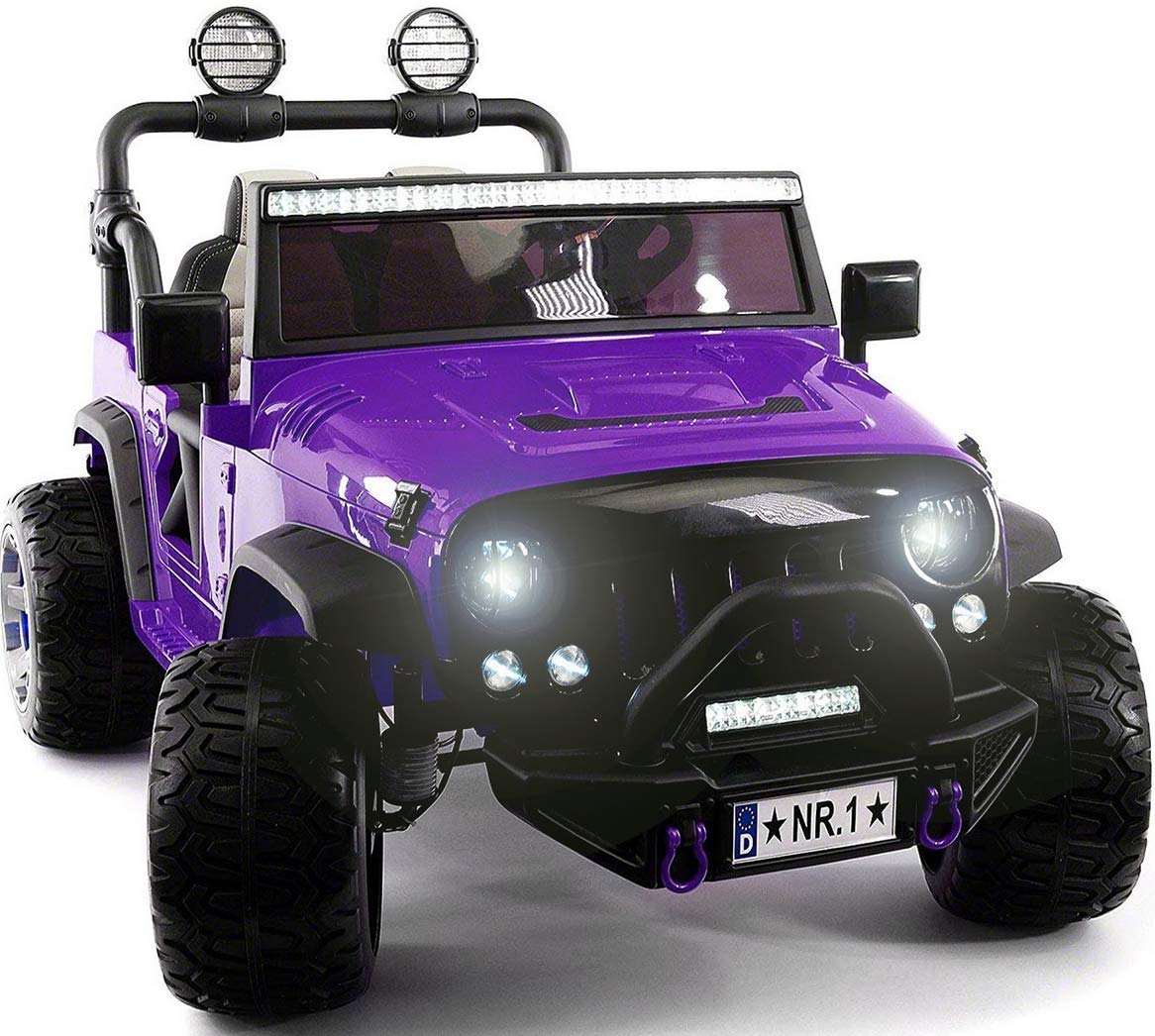 12V Licensed Kids Ride On Car Truck - 2 Seater Remote Control Electric Vehicle with 3 Speeds, Leather Seat, Bluetooth MP3, FM Radio & Rubber Tires (Purple) | Perfect for Birthday Gifts, Outdoor Play & Family Fun