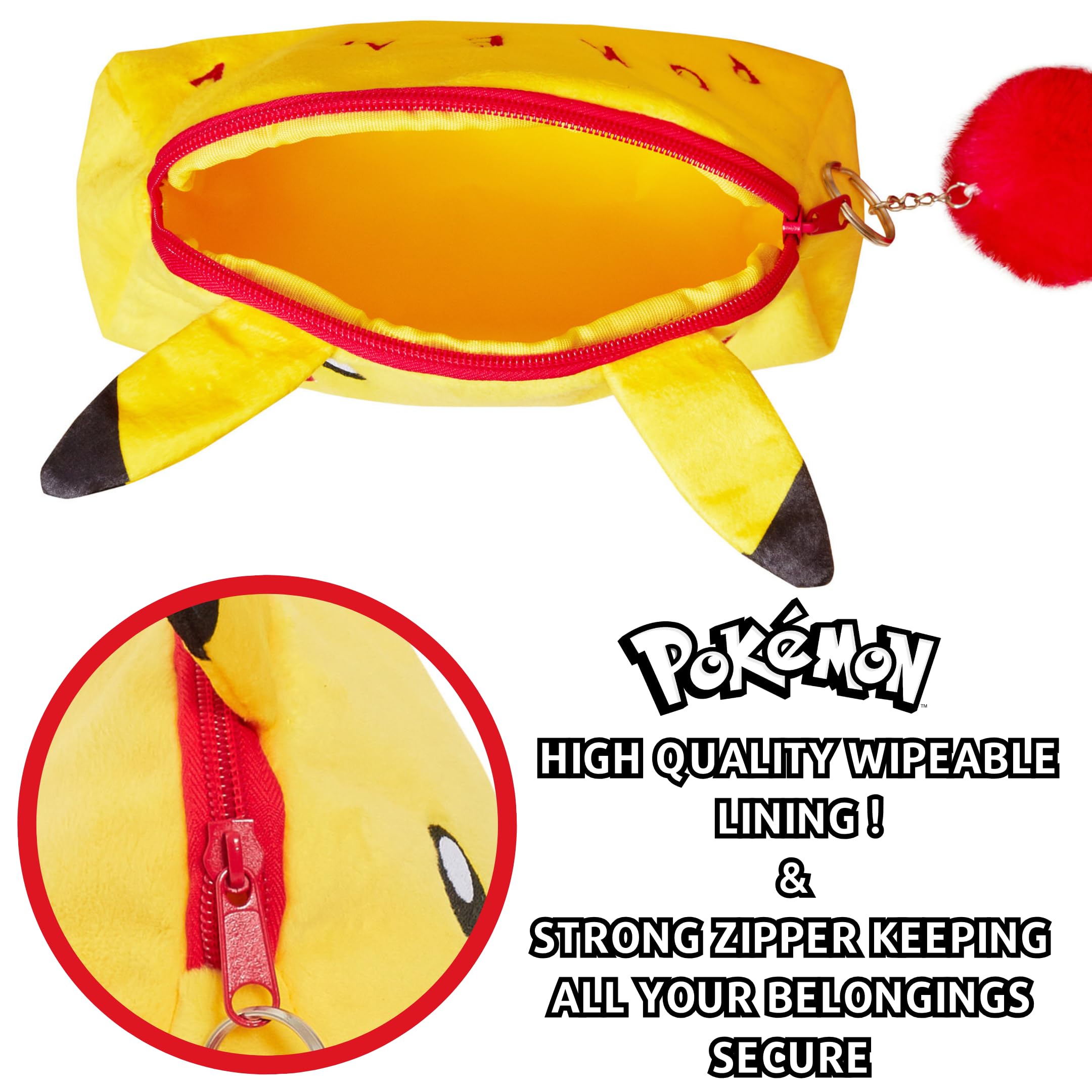 Pokemon Pikachu Plush Toiletry Bag - Waterproof Makeup Cosmetic Pouch for Travel, Gym & School - Cute Yellow Pencil Case & Toiletries Organizer