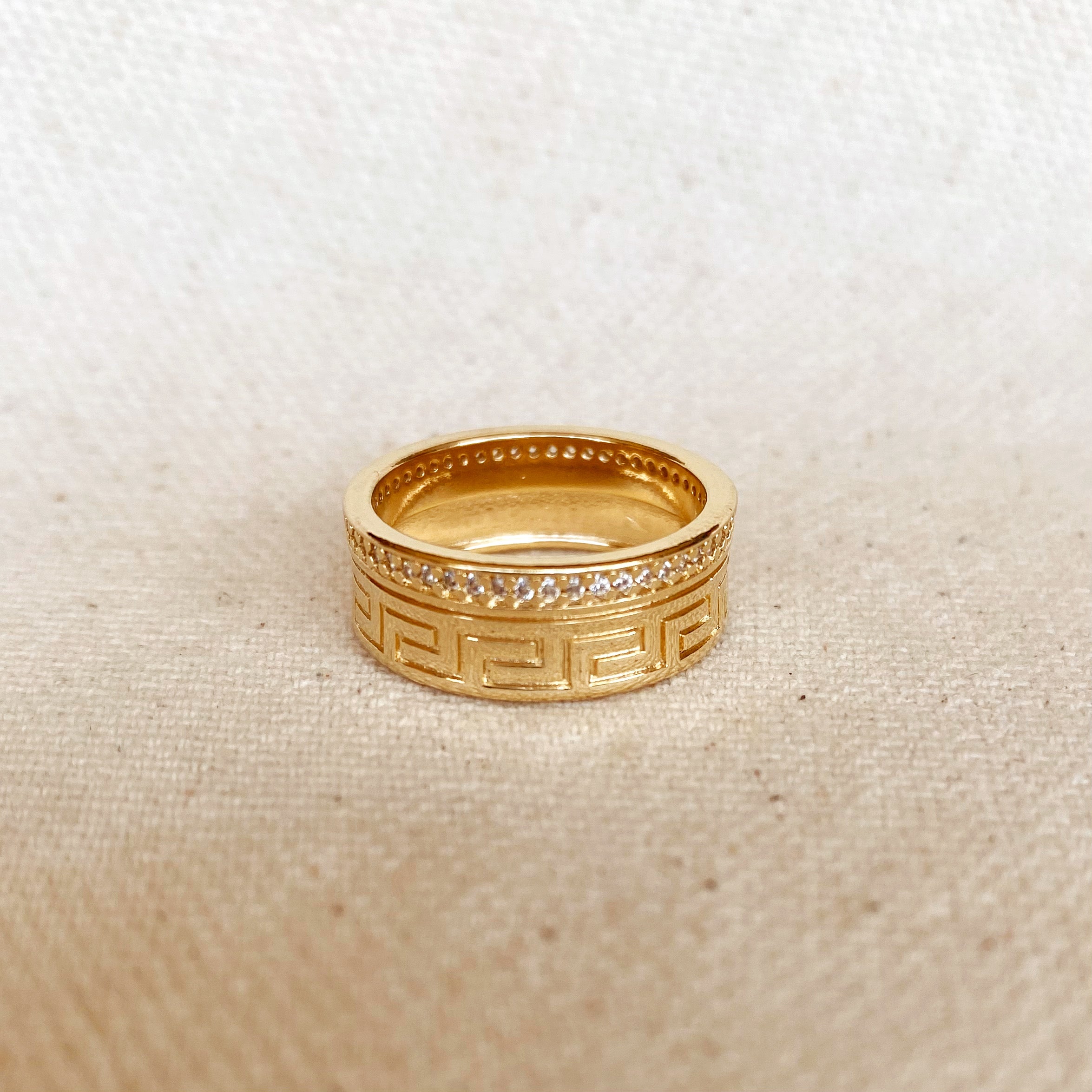 18K Gold Filled Greek Pattern Band Ring with Cubic Zirconia - Elegant Stackable Ring for Women, Perfect for Weddings, Anniversaries & Everyday Wear
