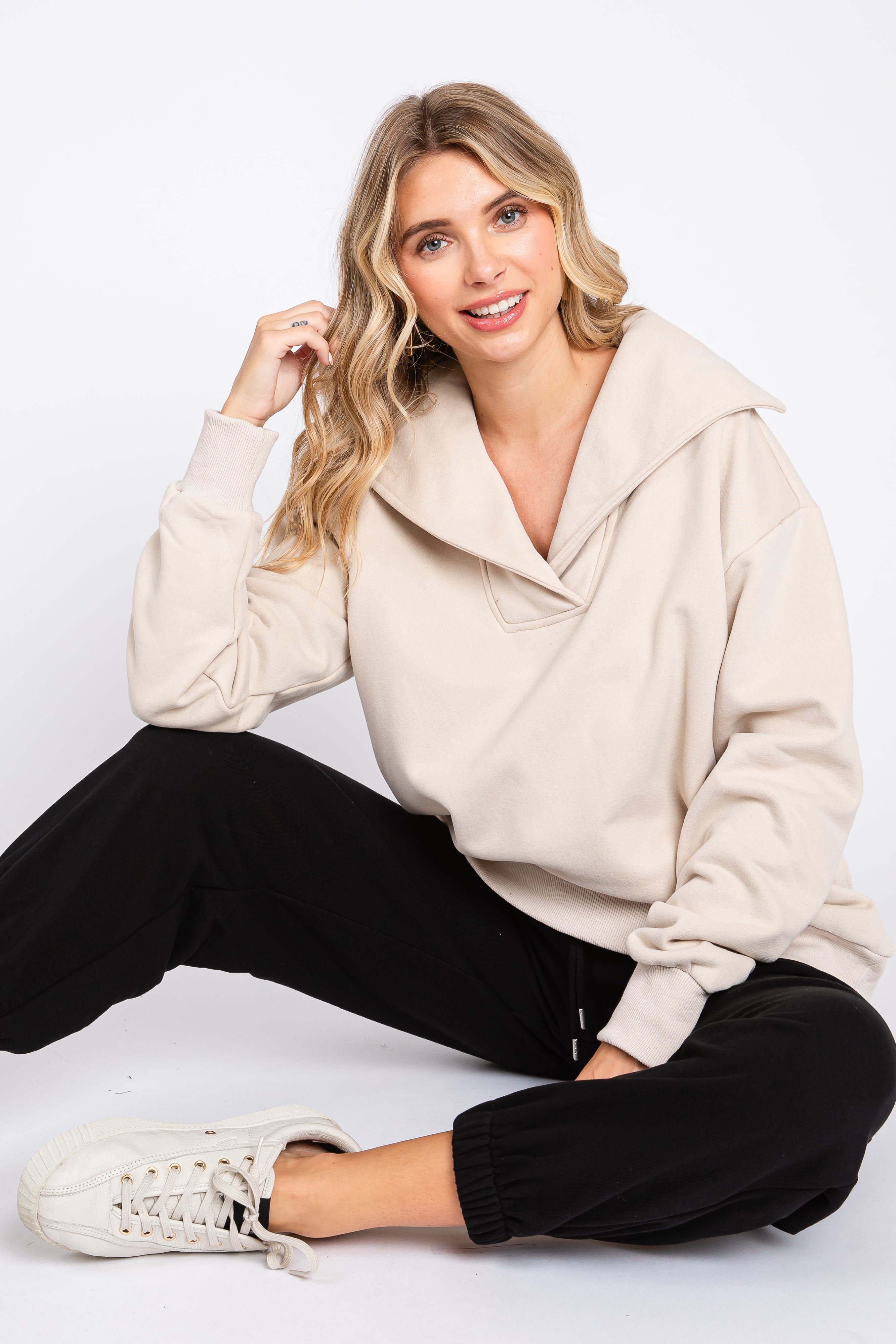 Beige Collared Pullover Sweater for Women - Soft Knit Casual Long Sleeve Tops - Perfect for Office, Fall Outfits & Weekend Wear