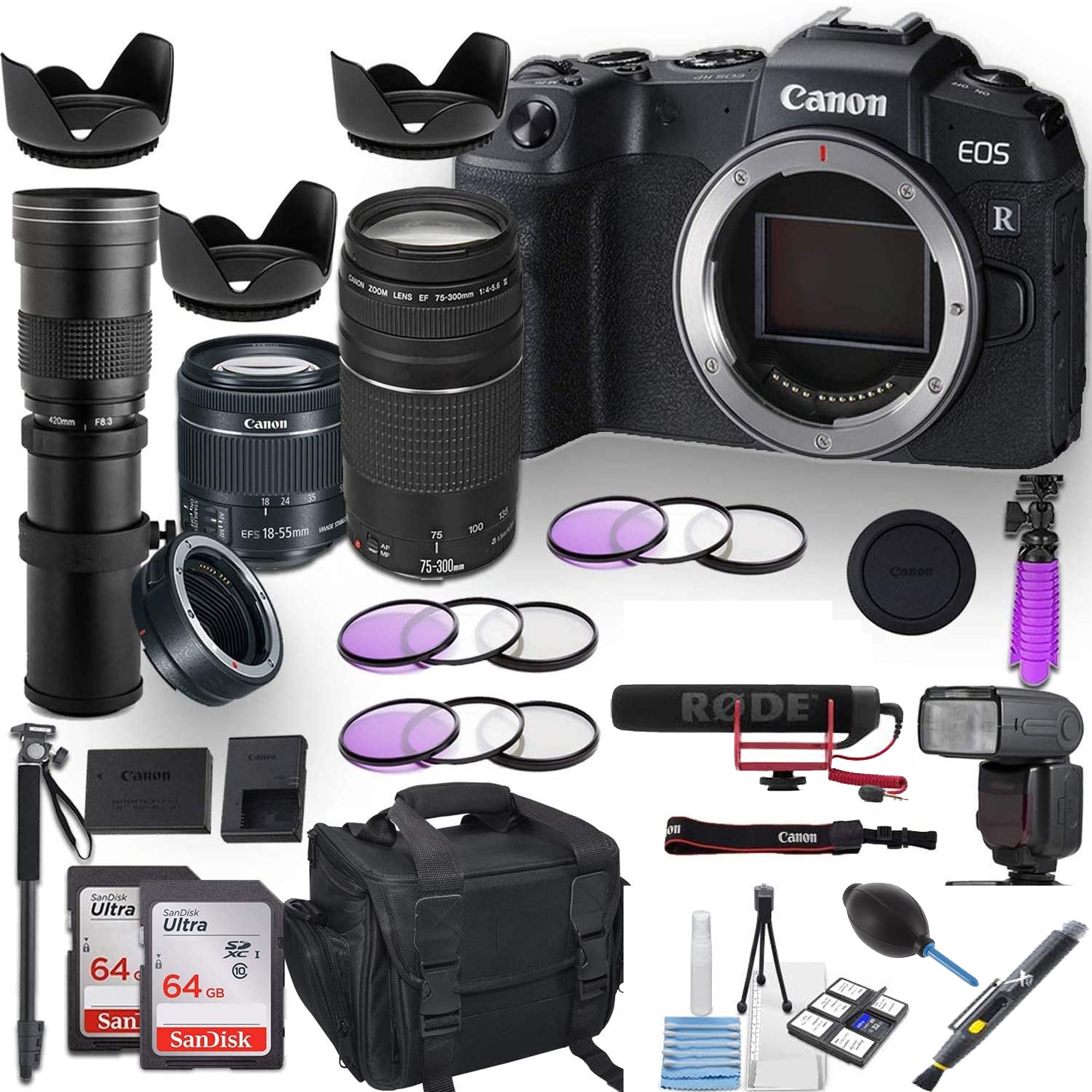 Canon EOS RP Full Frame Mirrorless Camera with 18-55mm & 75-300mm Lenses, 500mm Preset Lens, 128GB SD Card & Adapter Kit - Perfect for Travel Photography, Vlogging & Professional Portraits