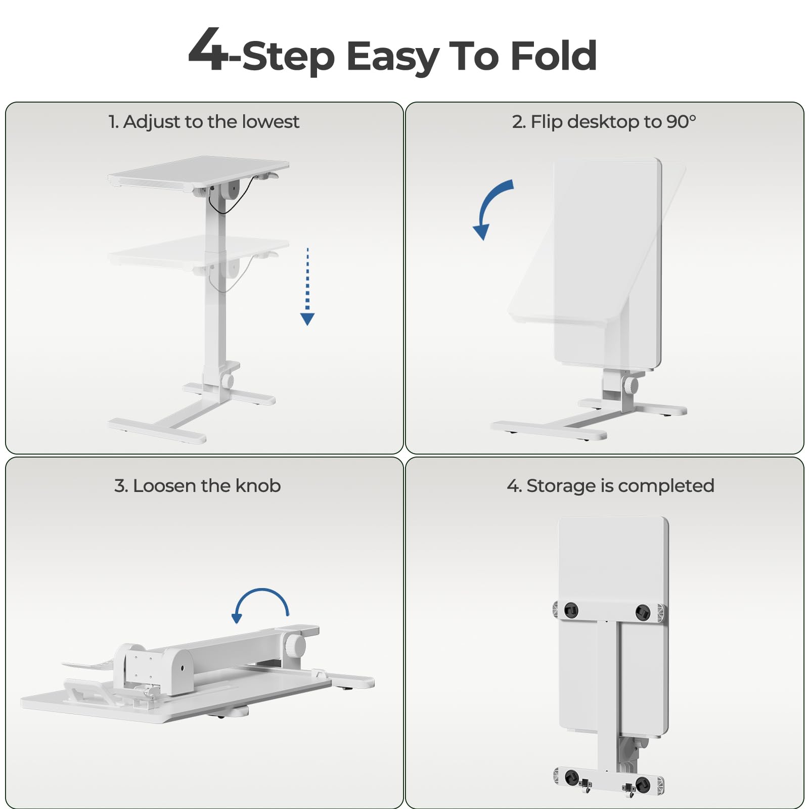 Foldable Mobile Standing Desk - 27 Inch Adjustable Height Rolling Laptop Cart with 90° Tiltable Tabletop, No Assembly Needed Portable Computer Workstation (White) - Perfect for Home Office, Bedroom Study & Small Space Working