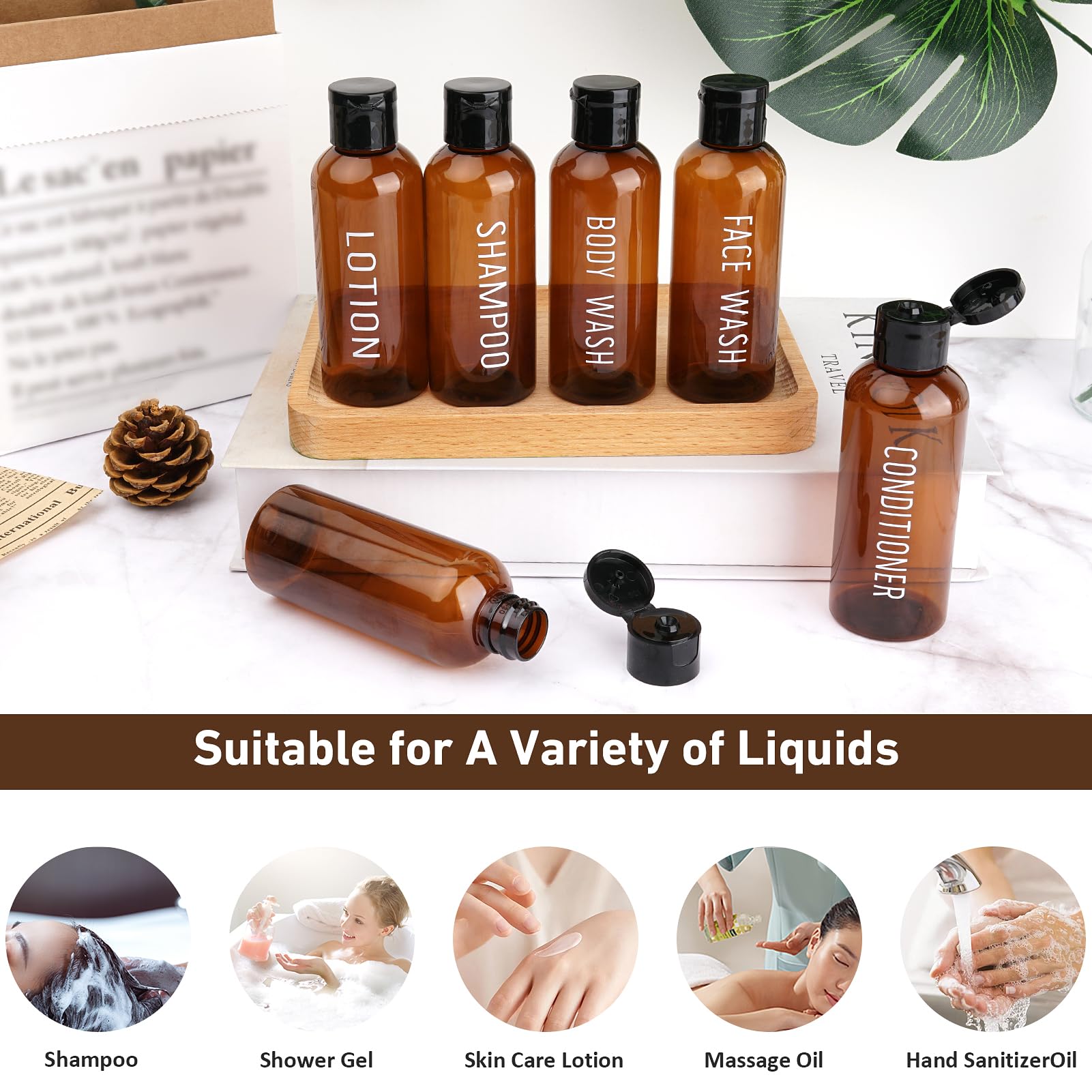 6 Pack 3.4oz TSA Approved Leak Proof Travel Bottles for Shampoo, Conditioner & Toiletries | Reusable Plastic Squeeze Containers | Perfect for Airplane Carry-On, Gym & Vacation Essentials (Brown)