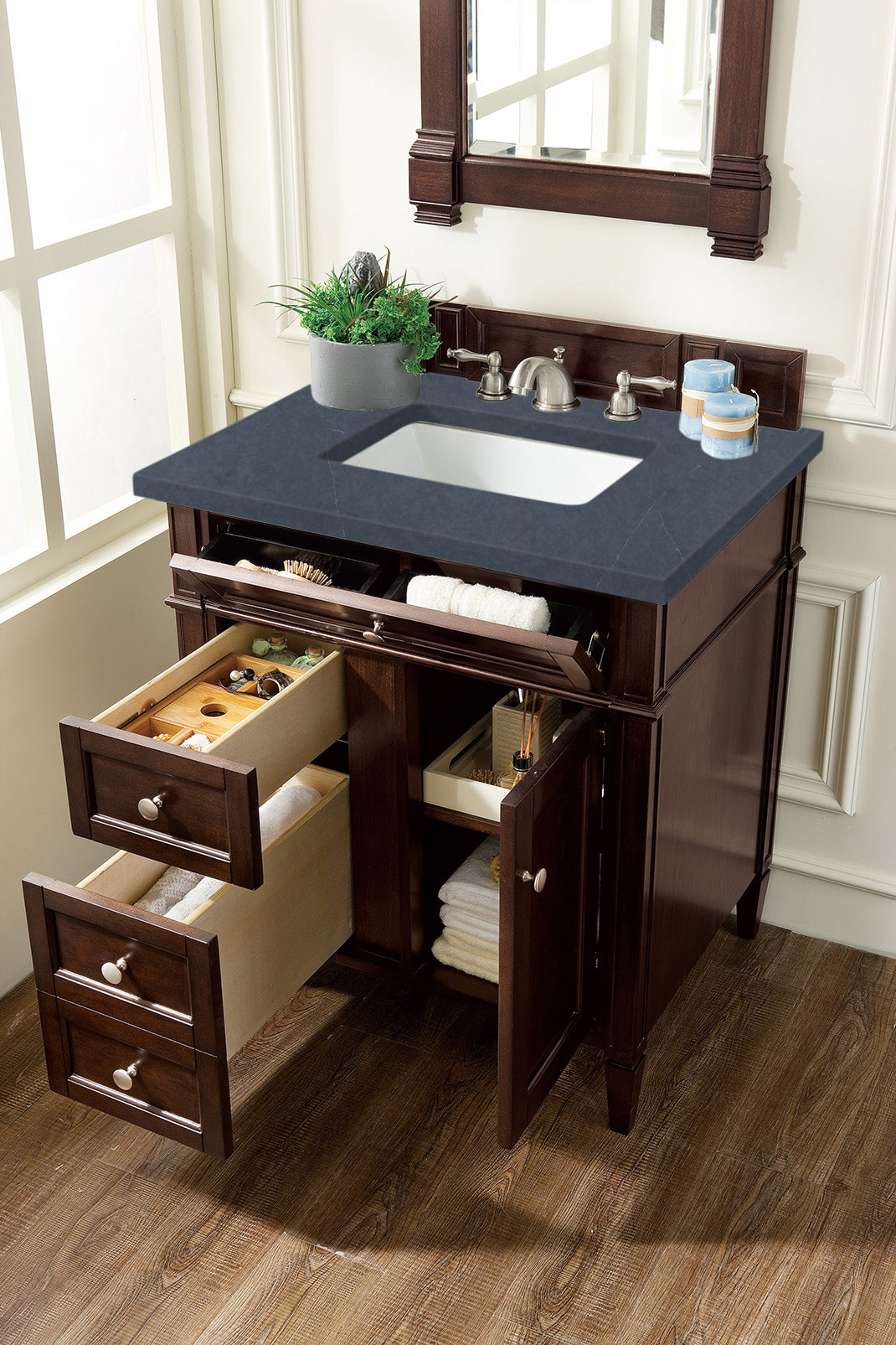 Brittany 30-Inch Single Bathroom Vanity with Burnished Mahogany Finish & 3CM Charcoal Soapstone Quartz Top - Perfect for Modern Master Bath or Powder Room Makeovers