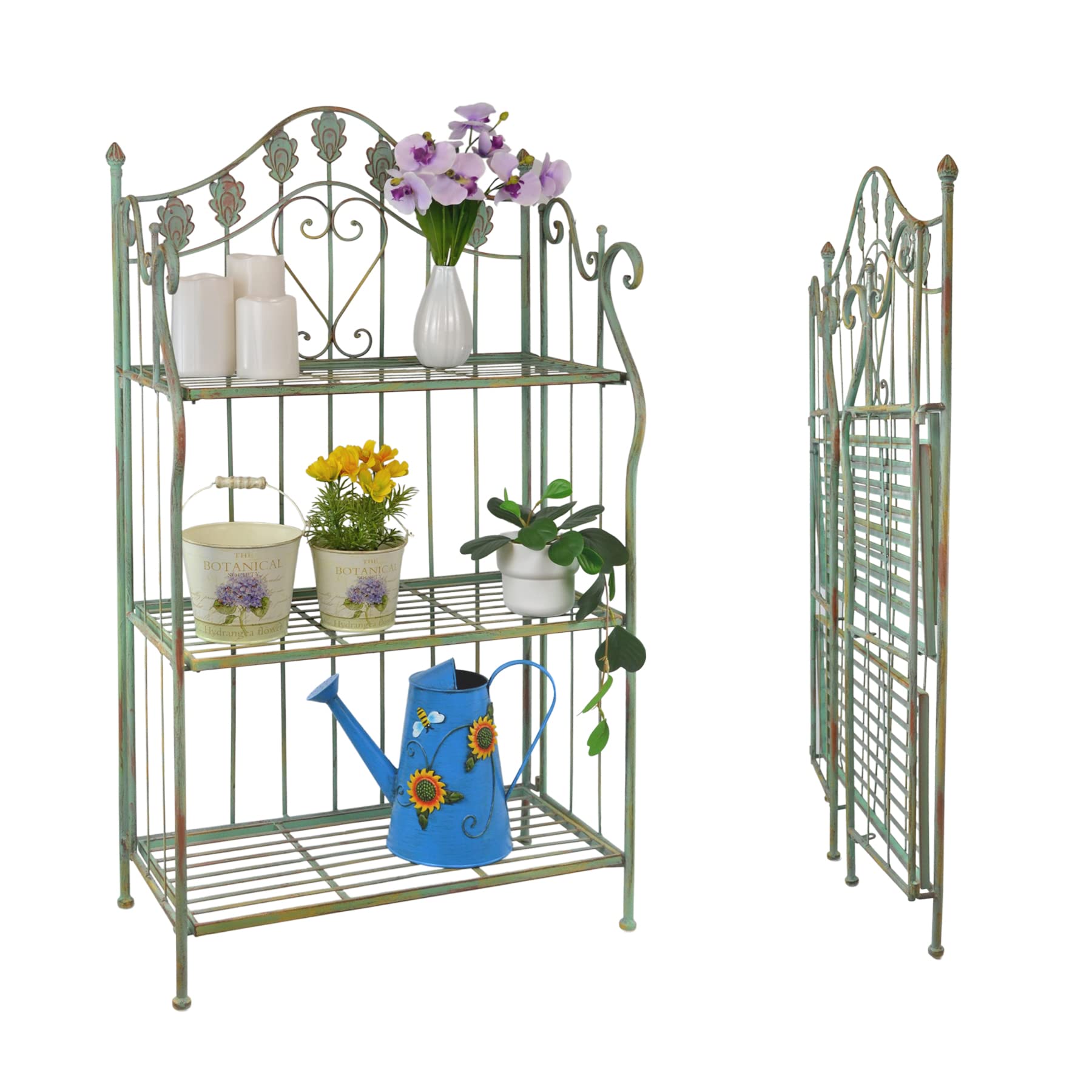 Westcharm Pre-Assembled Foldable 3-Tier Plant Stand for Indoor & Outdoor Use - Decorative Baker's Rack with Scrolling Heart & Peacock Tail Design - Perfect for Displaying Plants, Books, or Kitchen Essentials in Living Room, Patio, or Garden