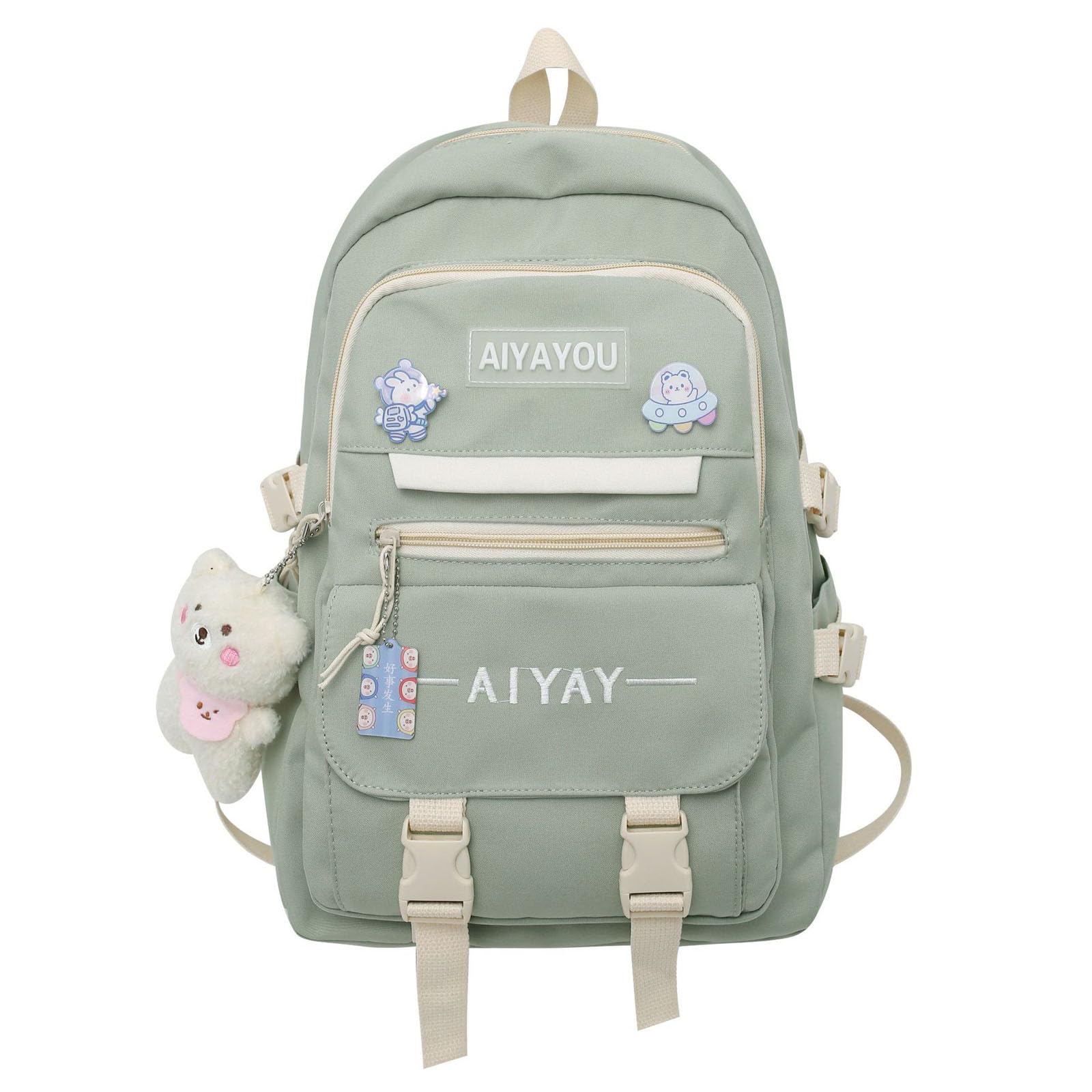Cute Kawaii Backpack for School with Accessories - Green Aesthetic School Supply