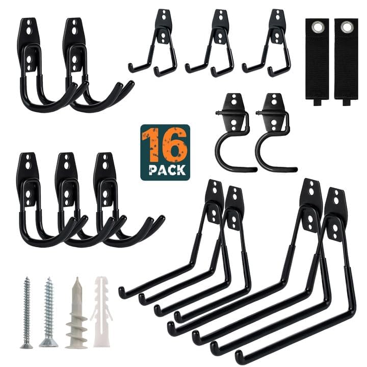 Gamtrik 16-Pack Heavy Duty Garage Wall Hooks - Utility Hanging Hooks for Garage Storage, Ladders, Bikes, Garden Tools | Wall Mount Organizer for Home, Workshop & Shed Organization