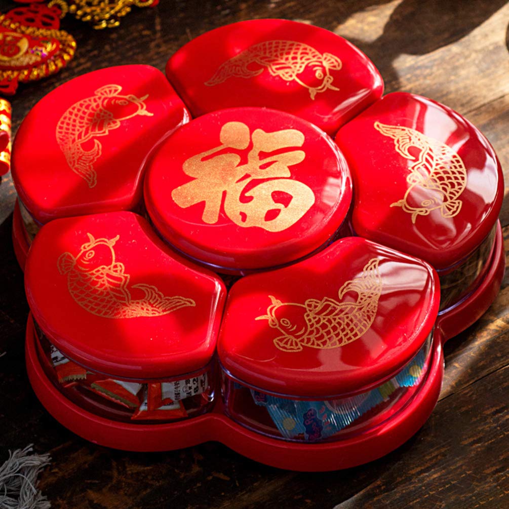 Hemoton 6-Compartment Rotating Candy Dish with Lid - Snack Storage Tray for Dried Fruits, Nuts, Chocolates - Perfect for Home, Chinese New Year, Wedding Party, Office Snacks (Red)