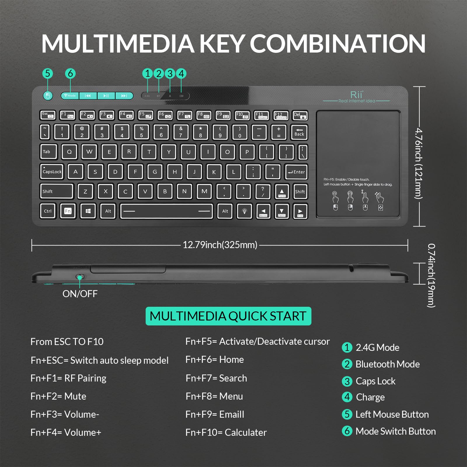 Rii Wireless Bluetooth Keyboard with Touchpad & LED Backlight - Rechargeable Big Trackpad Keyboard for Android TV Box, Smart TV, Xbox, Raspberry Pi, PC, Tablet, HTPC | Compatible with Android, Windows, macOS | Perfect for Home Entertainment & Office Work