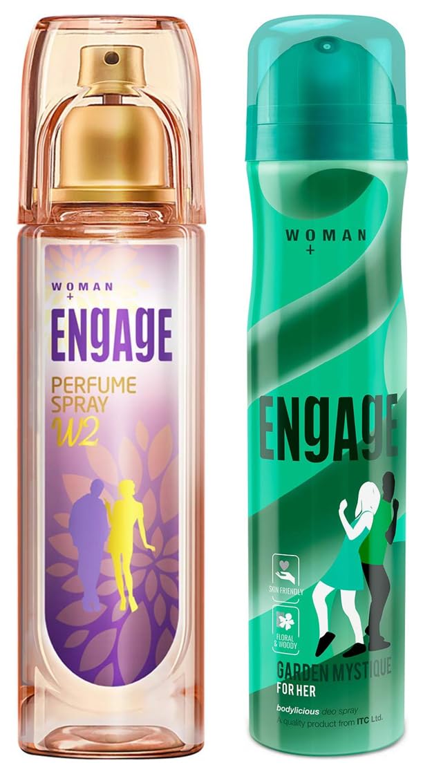 Engage W2 Perfume Spray for Women - Floral Fruity Fragrance, Hypoallergenic 120ml Eau de Parfum | Engage Garden Mystique Deodorant for Women - Spicy Woody Scent, Gentle 150ml Roll-On | Perfect for Daily Wear, Office & Special Occasions