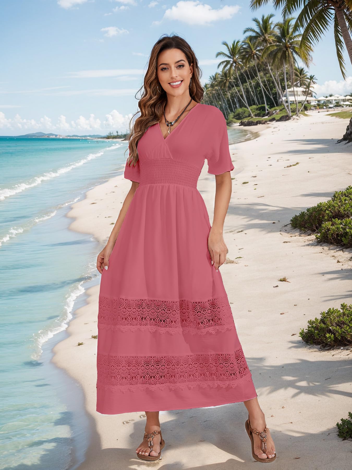 Boho Maxi Dress for Women 2025 - Summer V Neck Lace Wedding Guest Dress with Smocked Waist | Bohemian Long Flowy Dresses for Beach, Party & Special Occasions