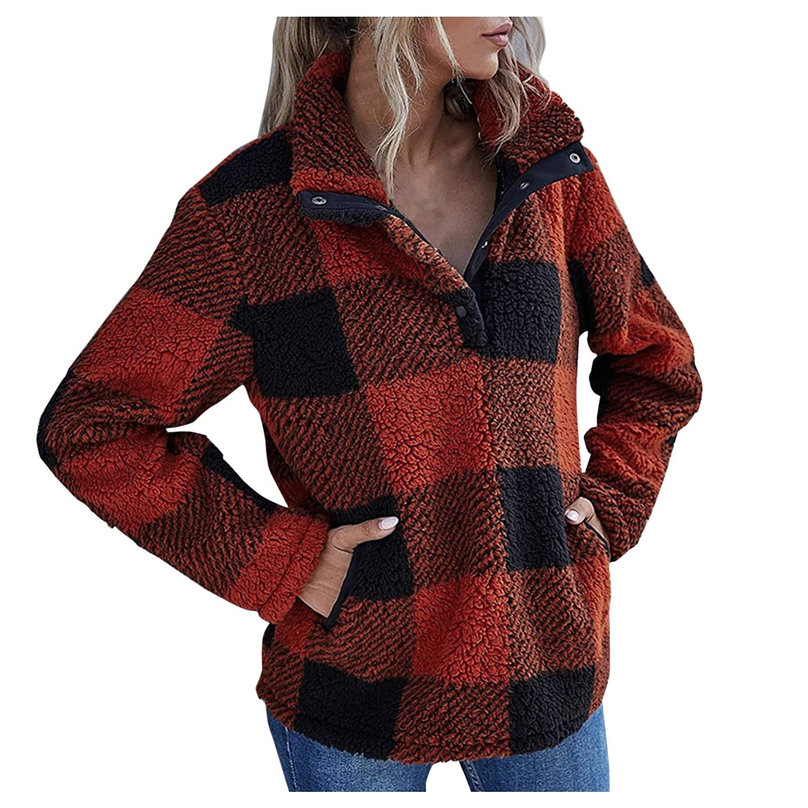 Women's Winter Warm Fuzzy Plaid Jacket with Buttons & Pockets - Cozy Pullover Outerwear for Cold Weather, Casual Outings & Holiday Style